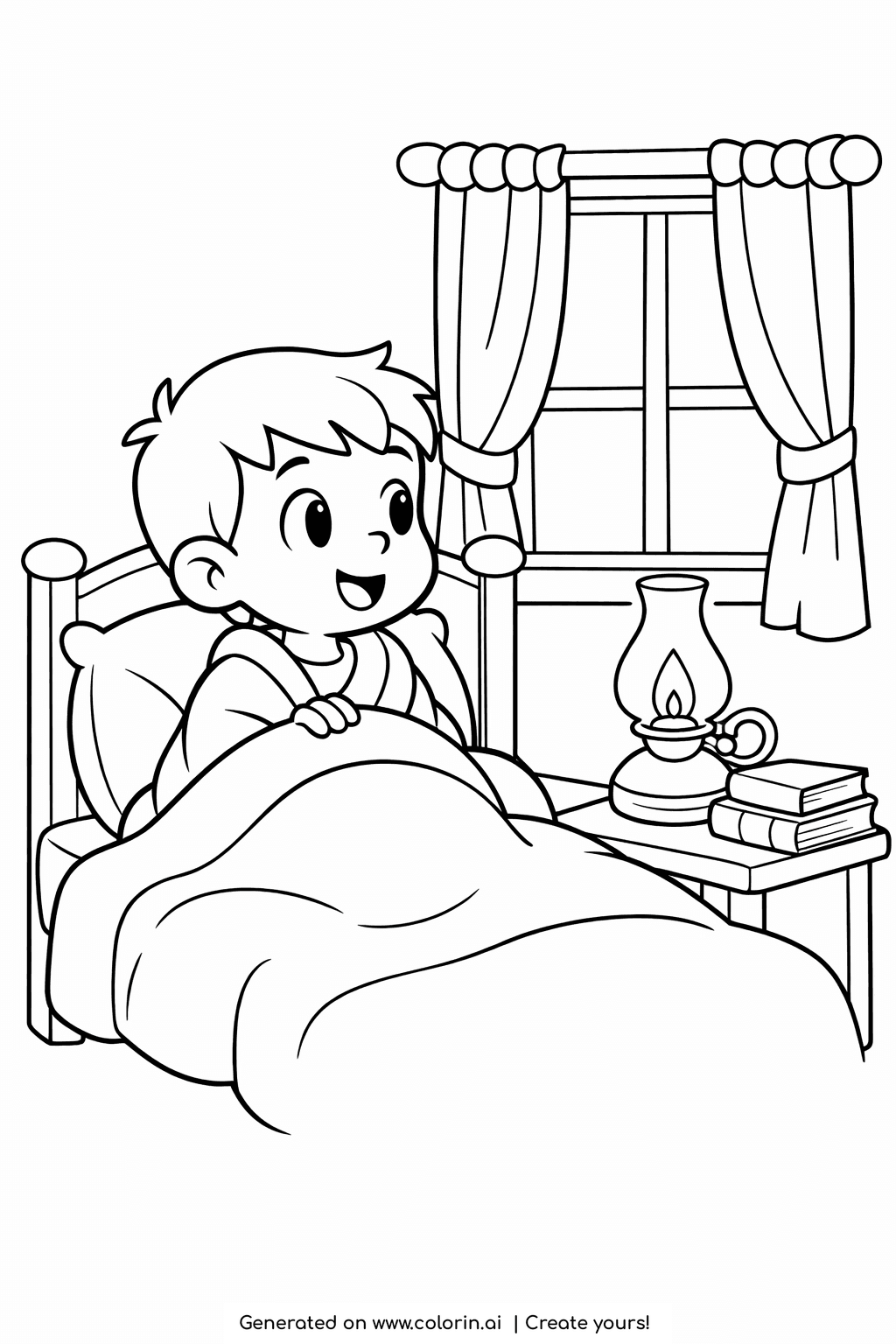 bible stories coloring pages, young Samuel sitting up in bed at night beside a glowing lamp and books