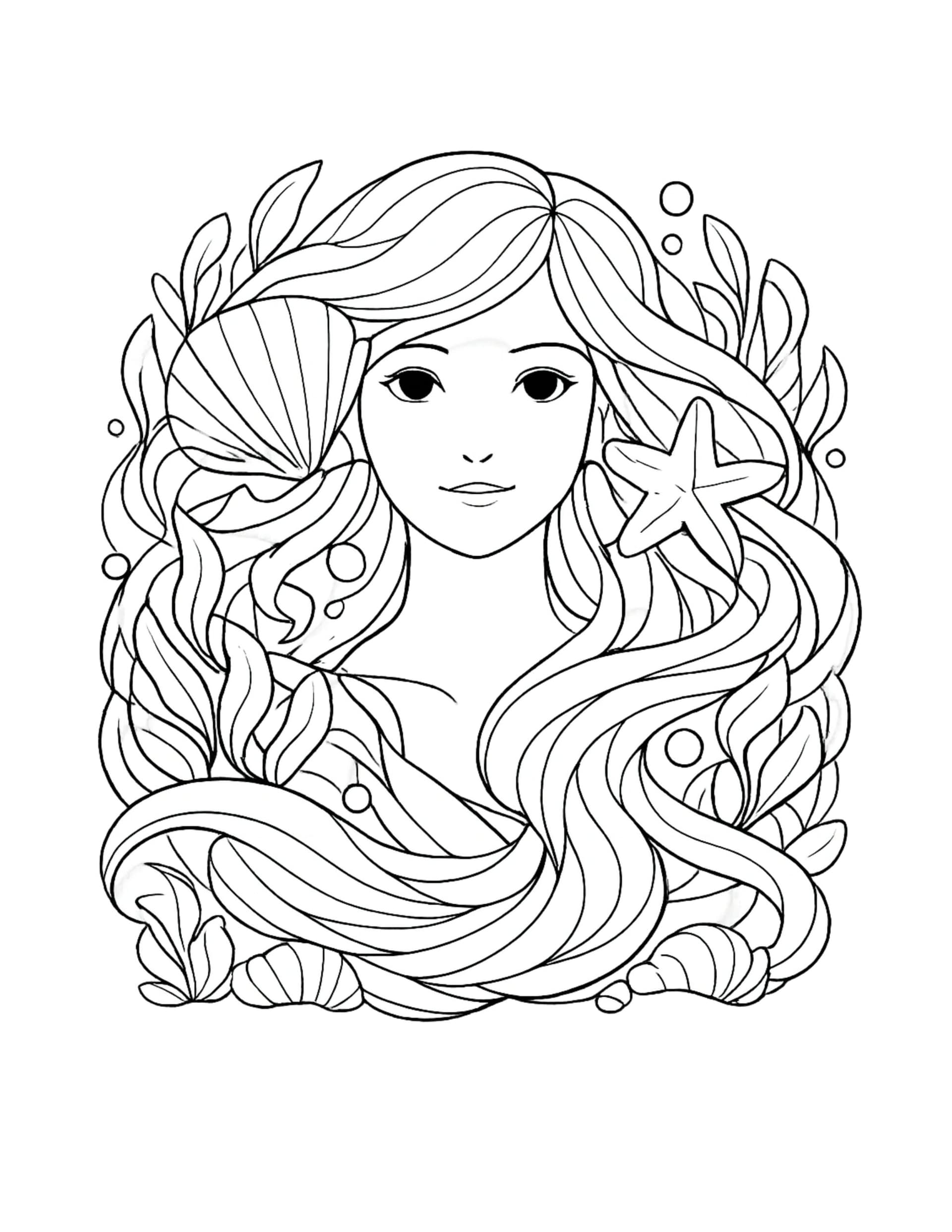 mermaid portrait with starfish coloring page with flowing hair, seashell, sea plants, and bubbles coloring page