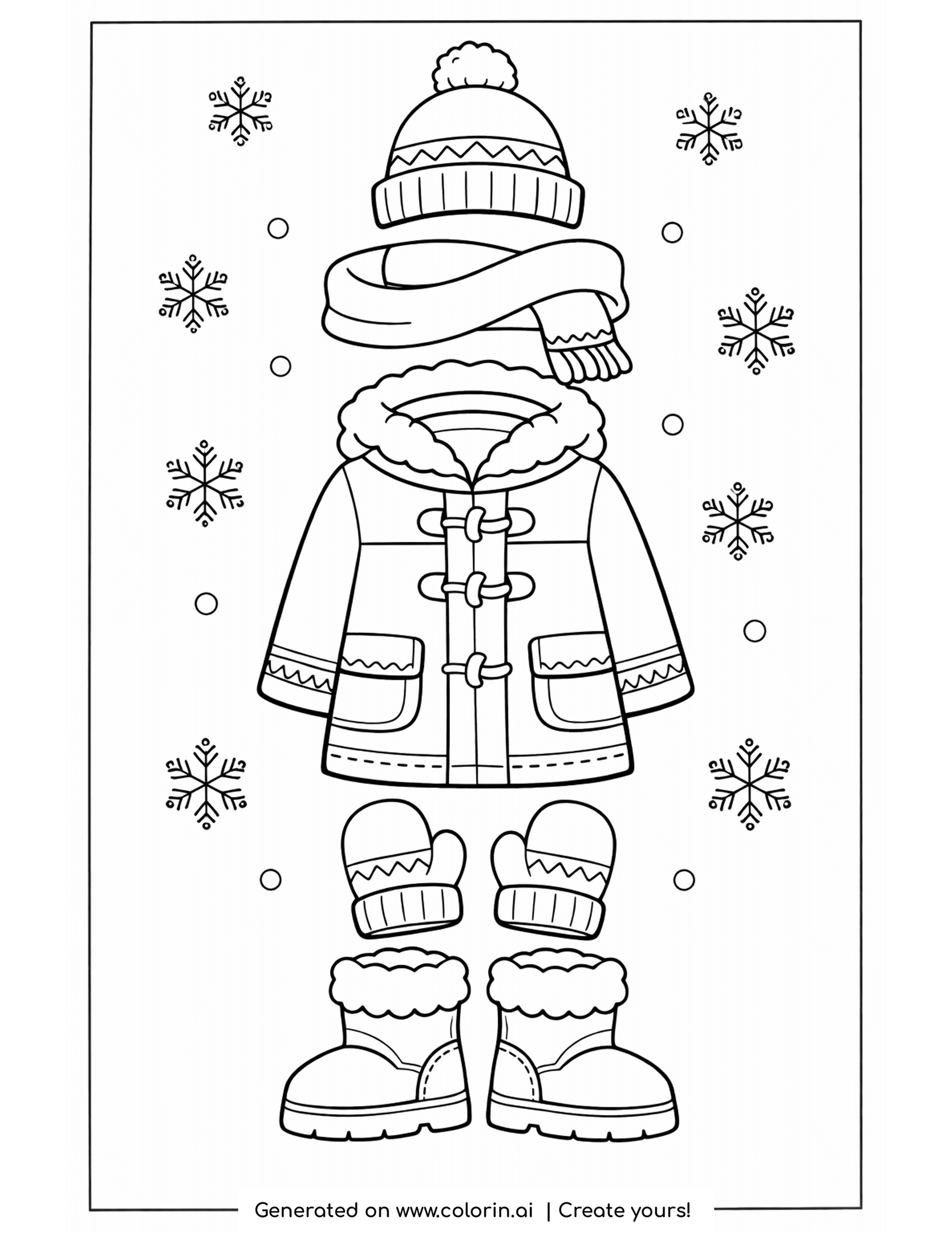 winter clothes coloring pages, flat lay of a beanie, scarf, coat, mittens and boots
