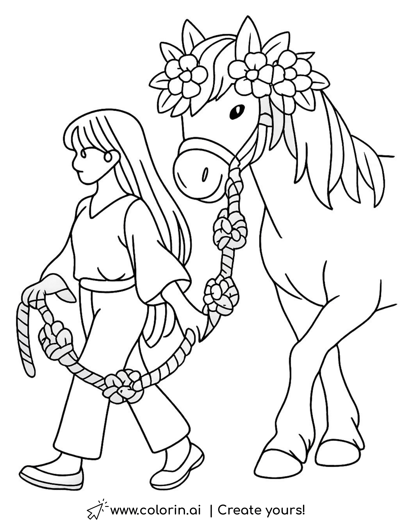 girl leading horse with flower crown coloring page floral rope illustration coloring page