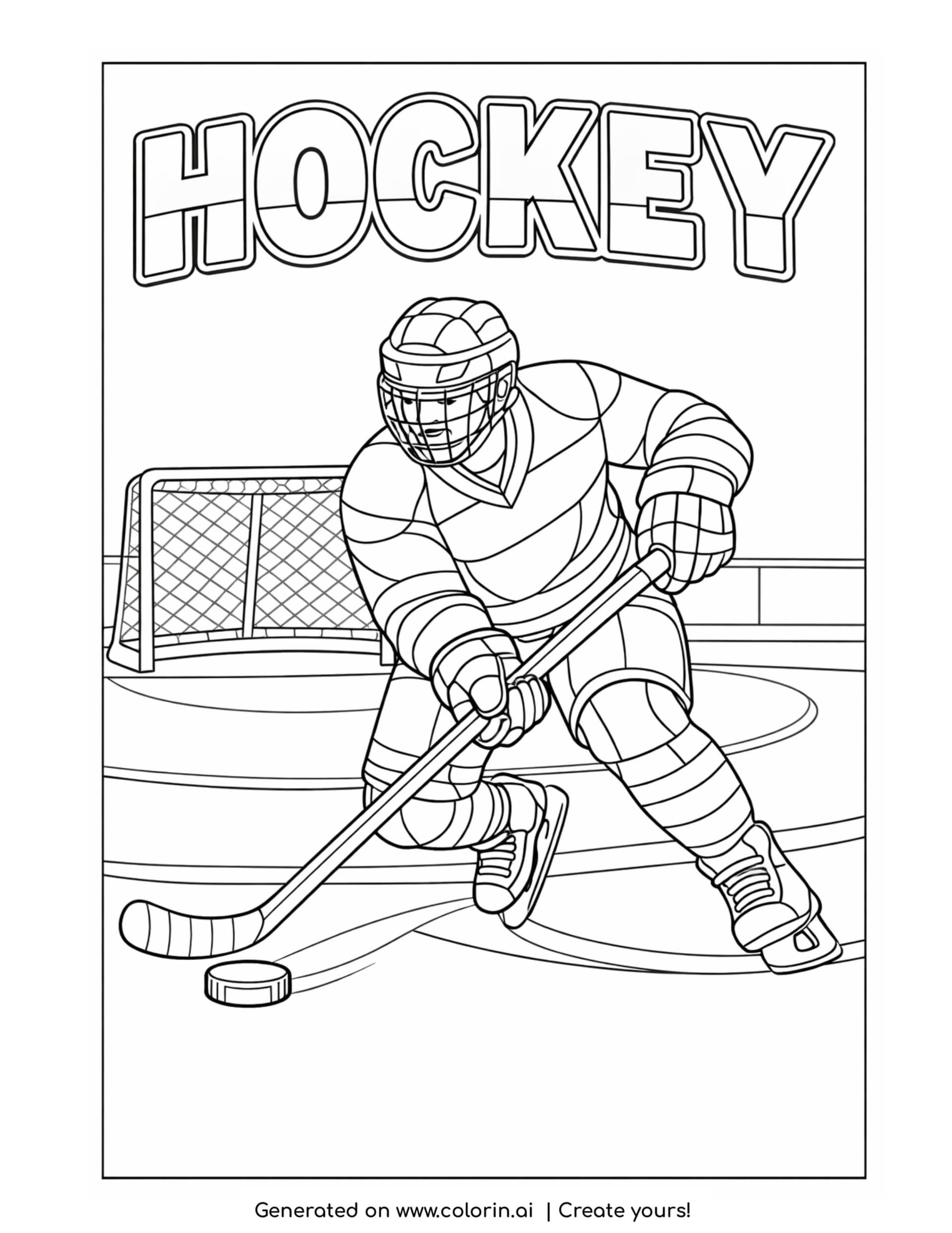 hockey player hitting puck coloring page with goal and ice rink background