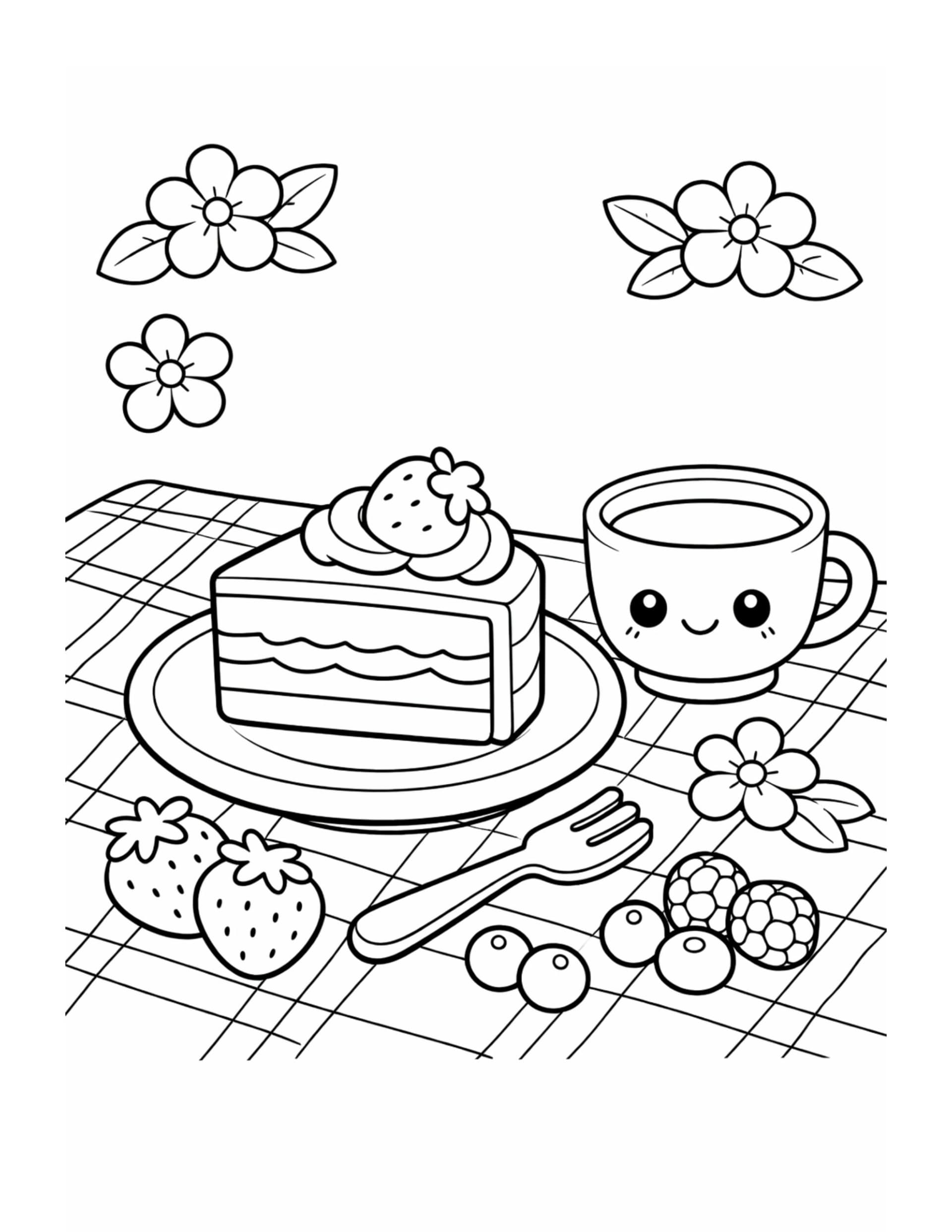 kawaii cake slice with tea coloring page with smiling cup, layered cake, berries, fork, and flowers coloring page