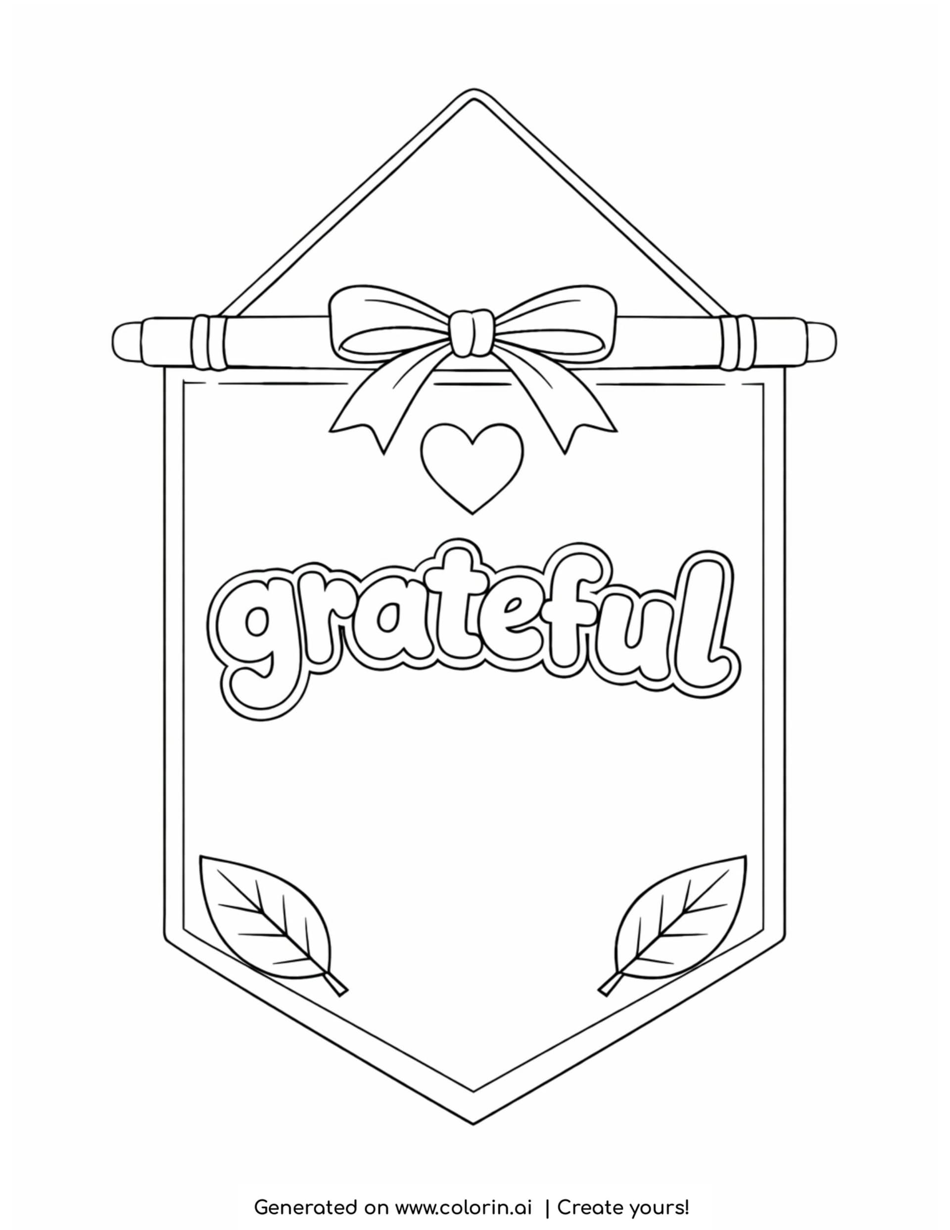 happy thanksgiving coloring pages, a hanging pennant banner reading grateful with a bow, a small heart, and two leaves