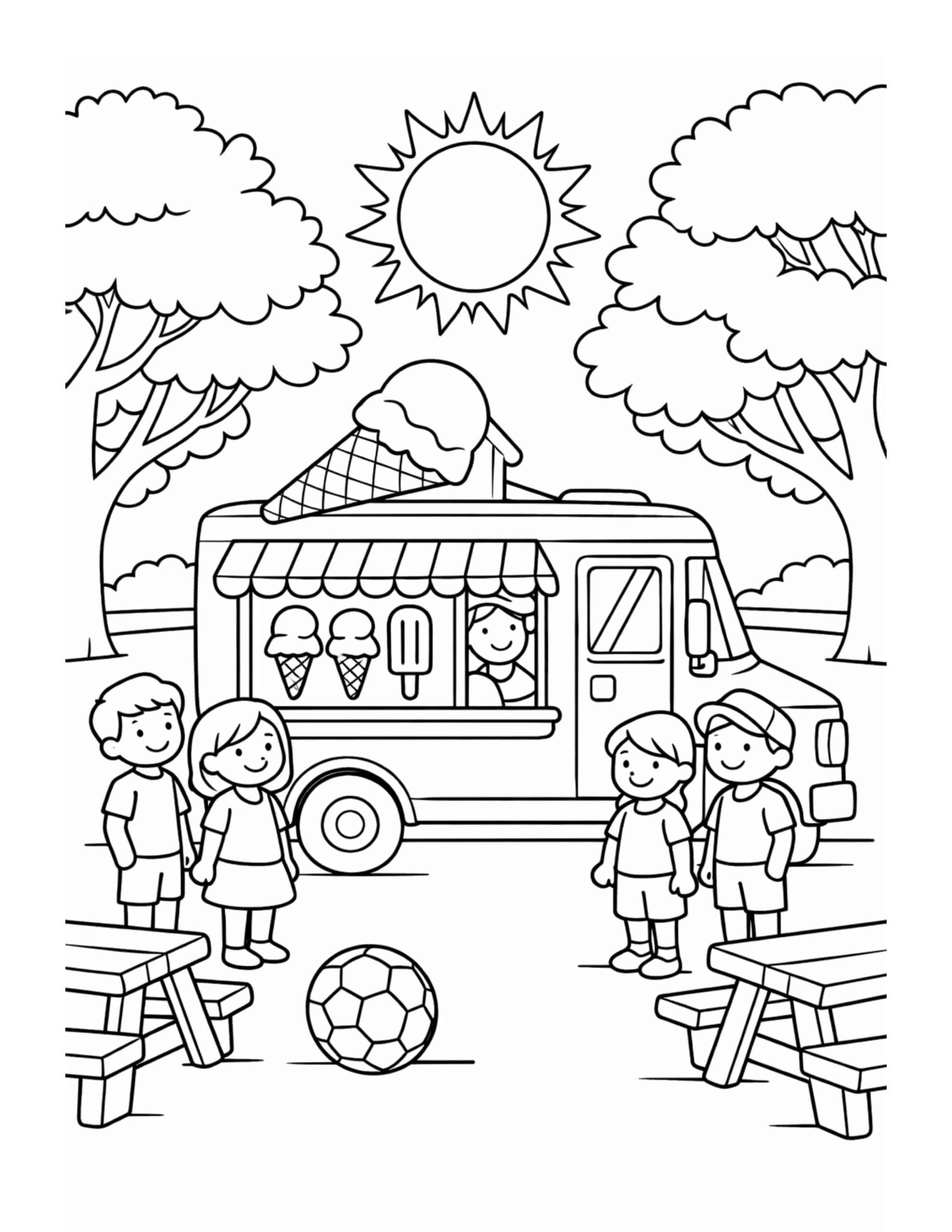 ice cream truck at park coloring page with children, trees, sun, and picnic benches coloring page