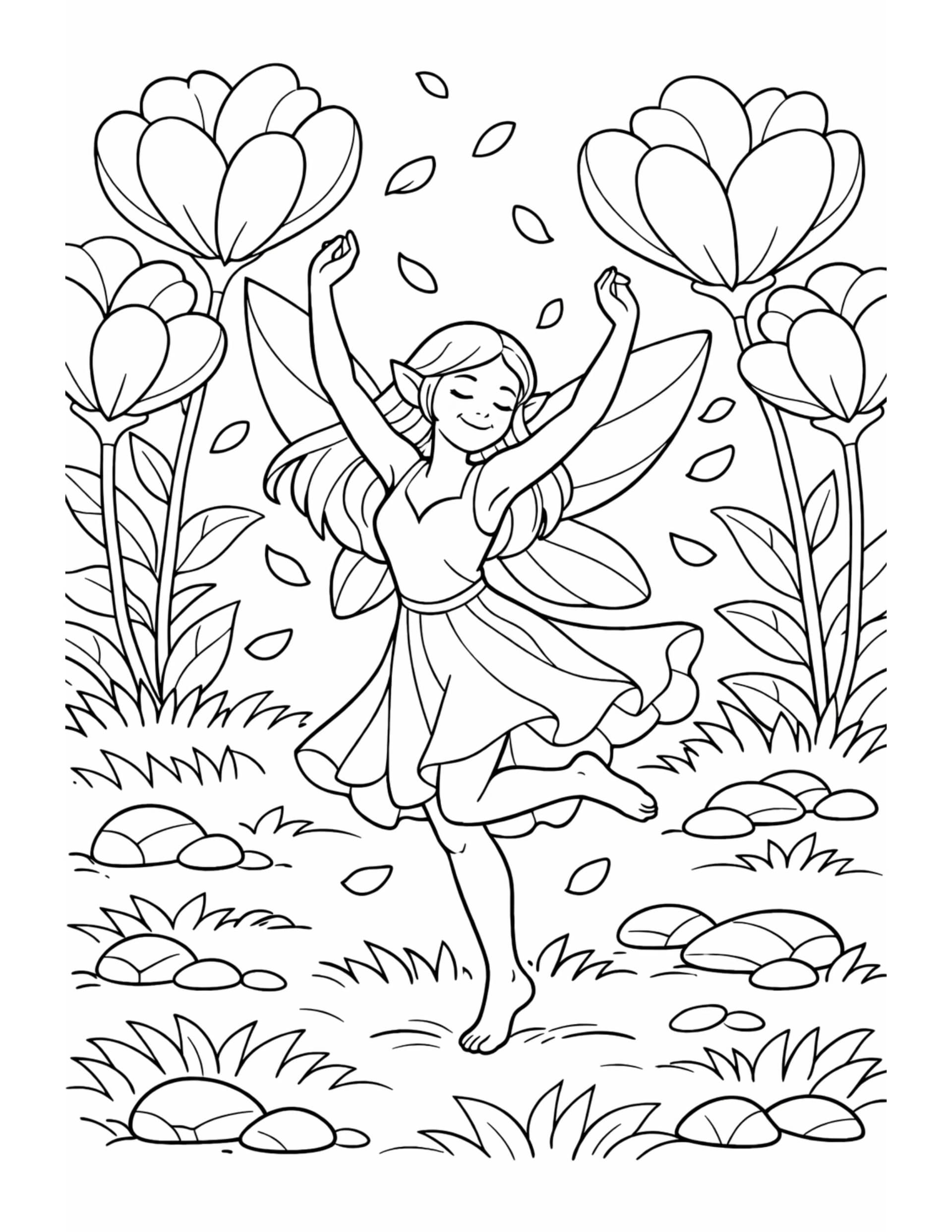 fairy dancing among flower petals coloring page with a smiling fairy between tall flowers and falling petals coloring page