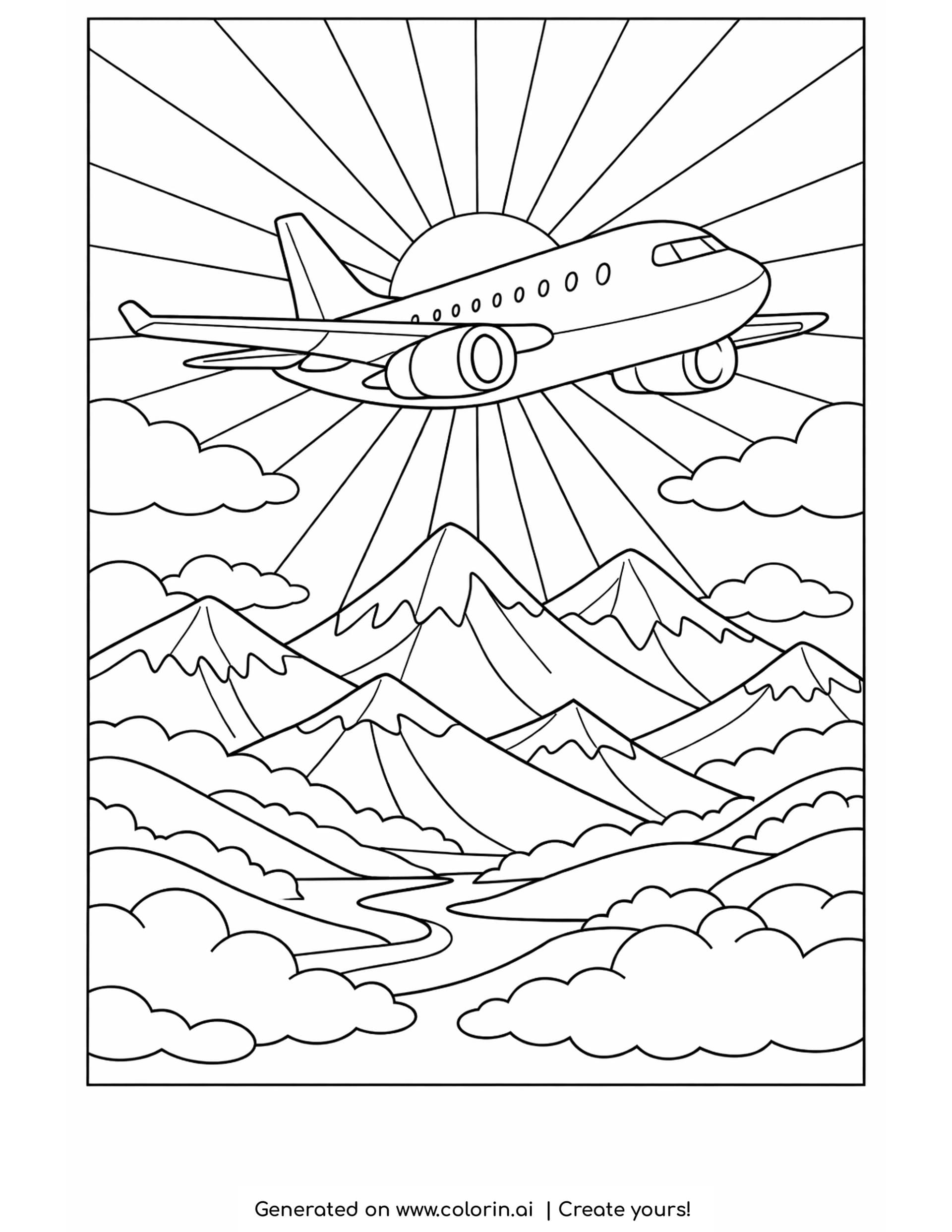 airplane over mountains coloring pages — passenger jet above snow capped peaks with a sunburst sky and winding river