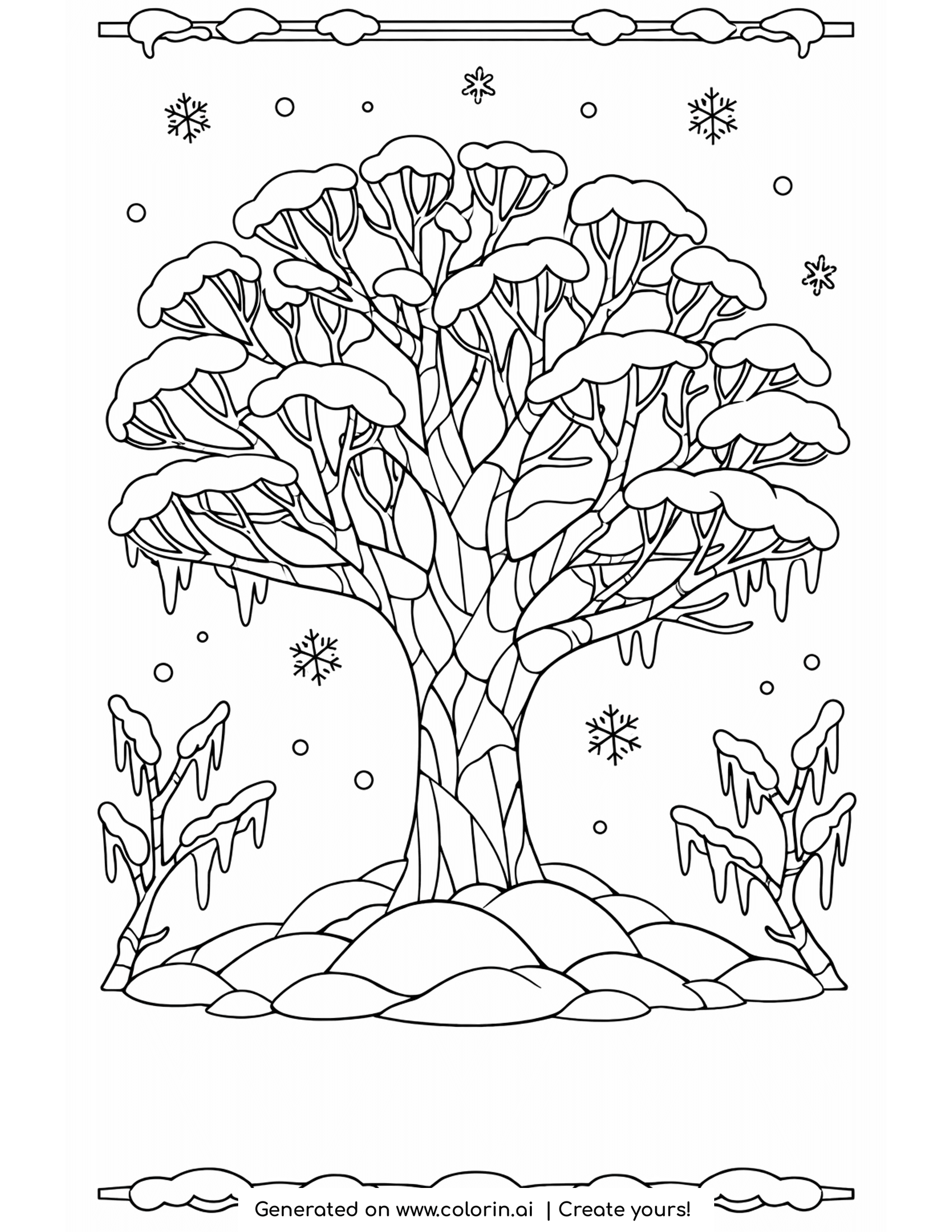 winter tree coloring pages, a bare tree covered in snow with icicles and snowy mounds