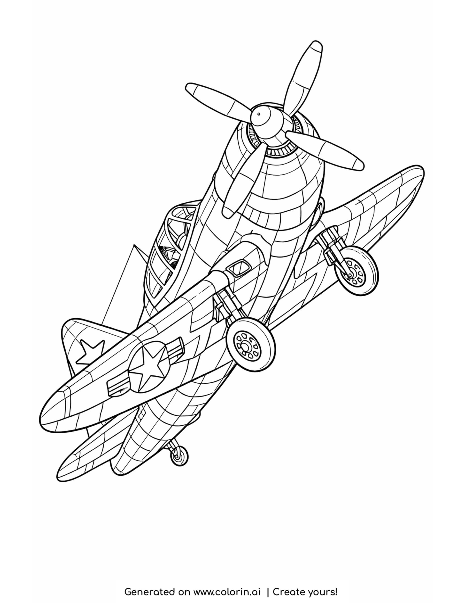 ww2 airplane coloring pages — 1940s propeller fighter banking upward with panel lines and star markings