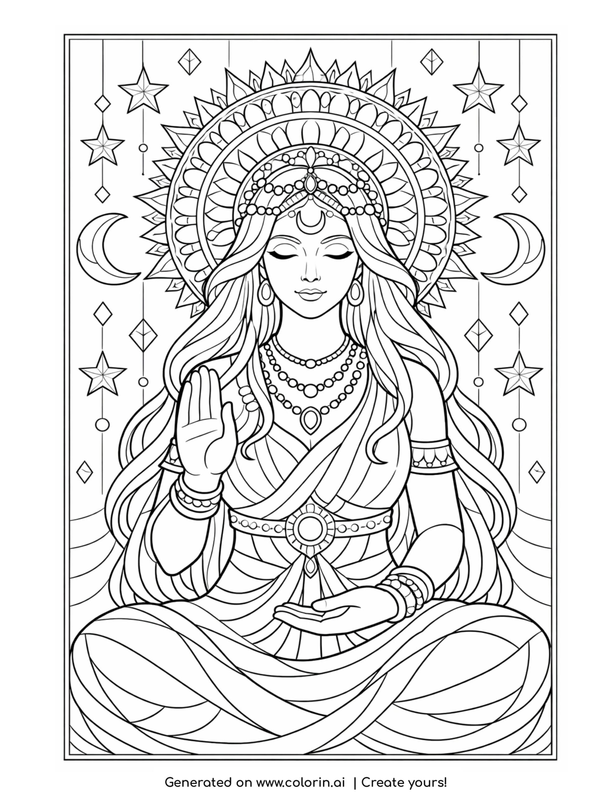 spiritual goddess with radiant aura coloring page with stars and moon symbols