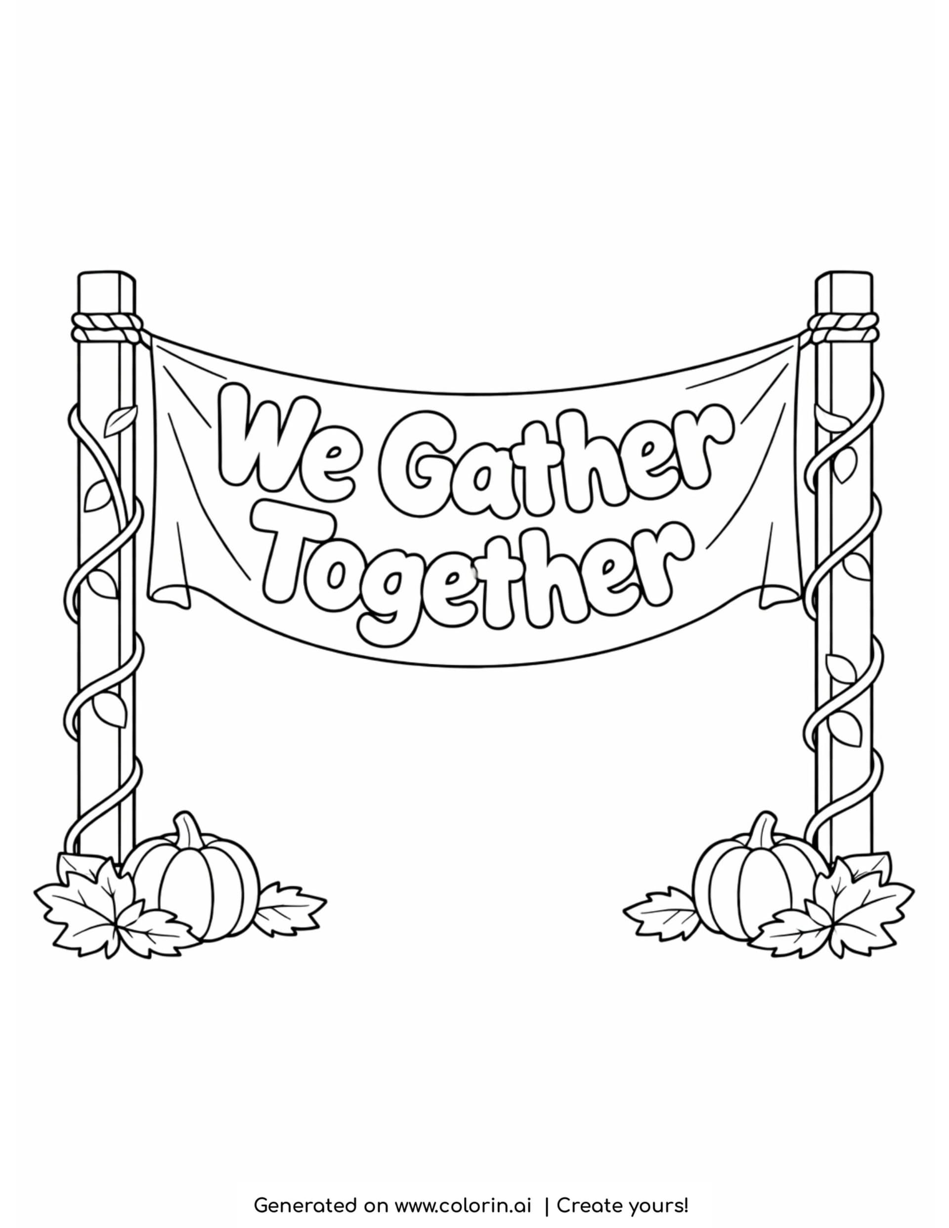 happy thanksgiving coloring pages, a cloth banner reading We Gather Together strung between two vine wrapped posts with pumpkins