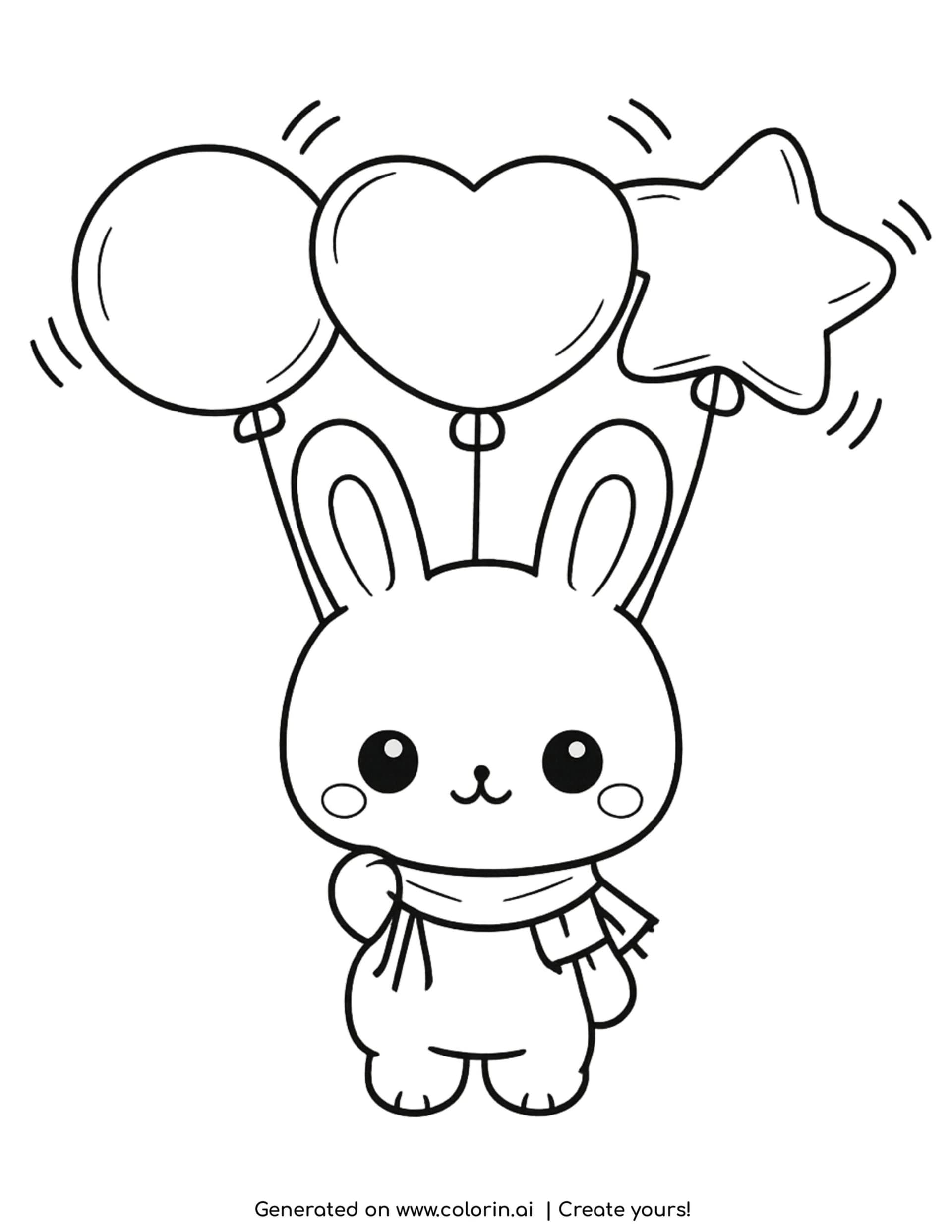 cute bunny holding balloons with heart and star shapes coloring page