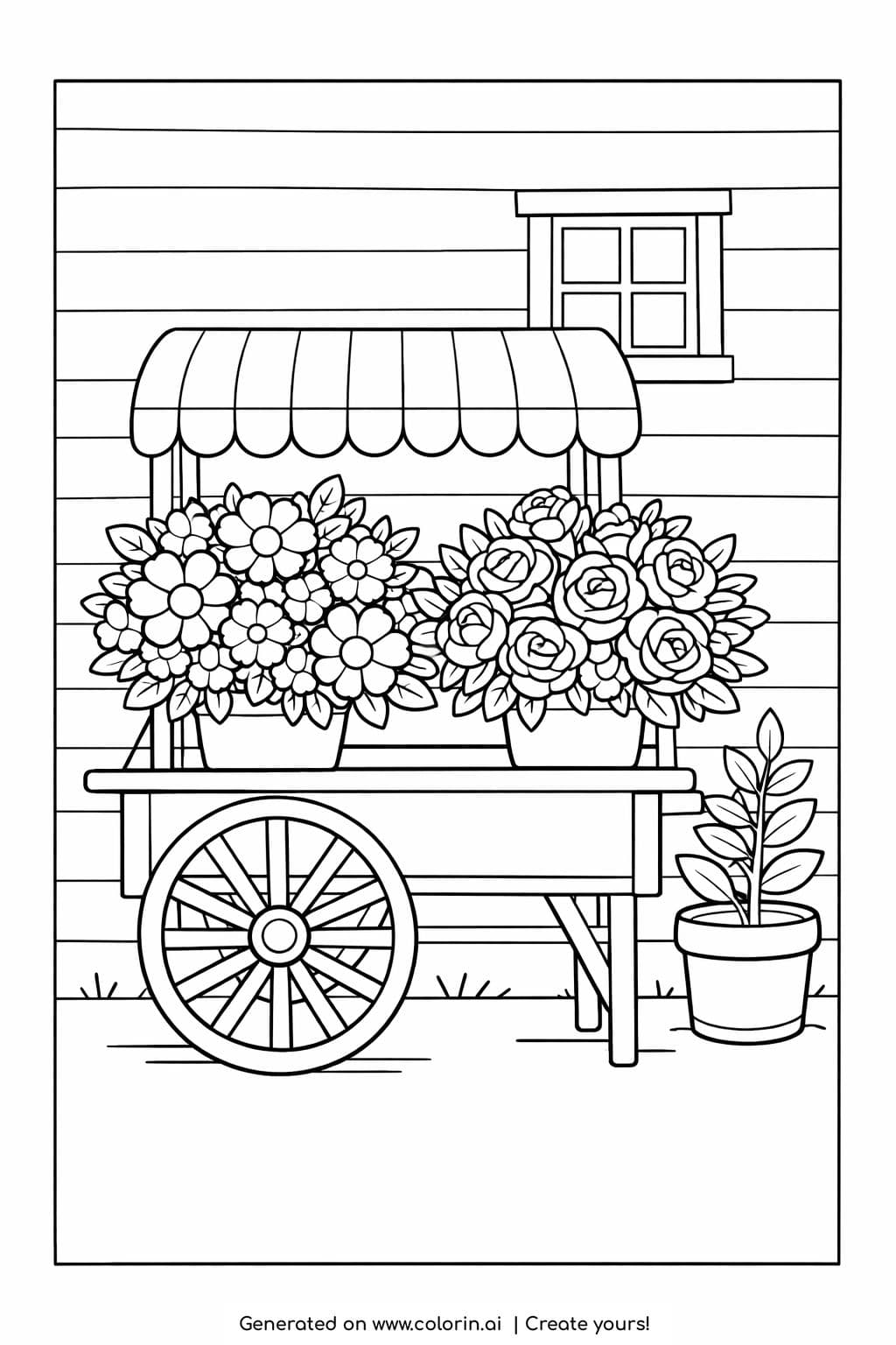 vintage flower cart by wooden wall coloring page with blooming bouquets and small window
