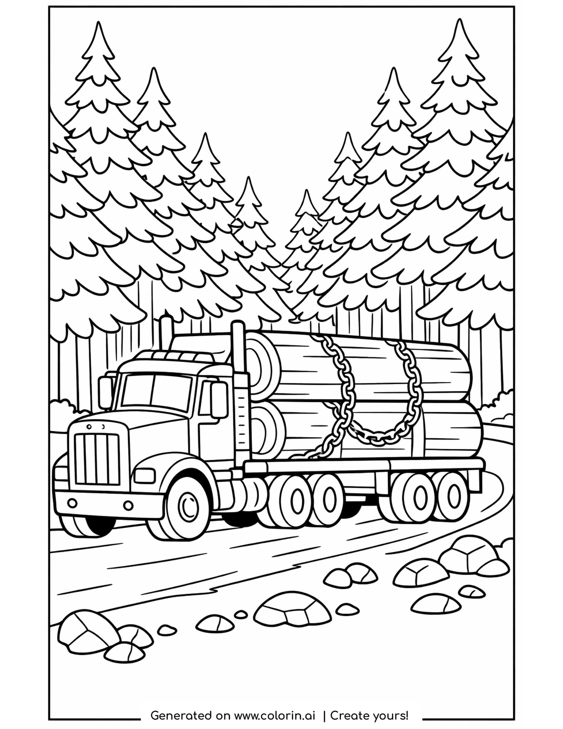 logging truck coloring pages: a logging truck with chained tree trunks on a road through tall pines