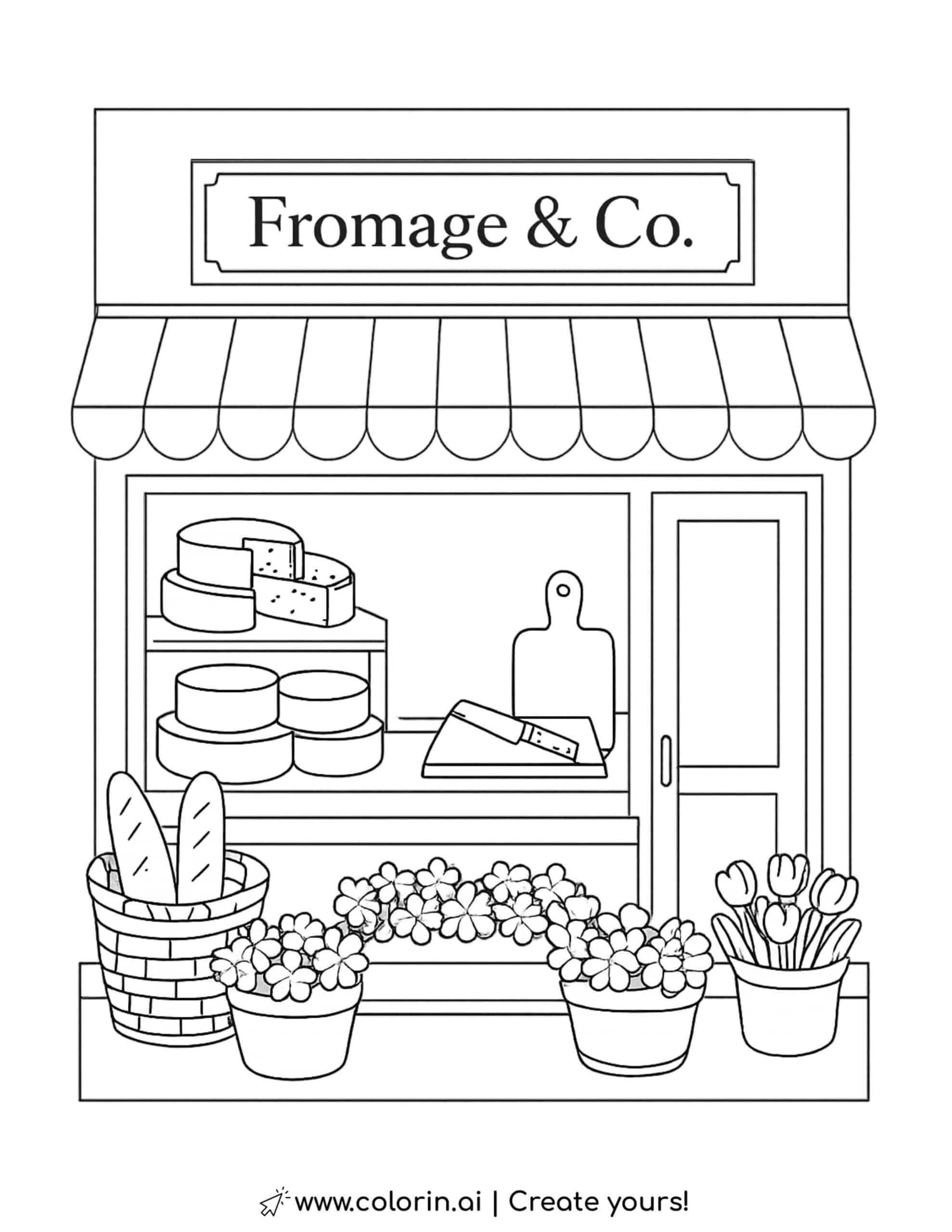 fromage & co cheese shop coloring page with cheese wheels and flower pots