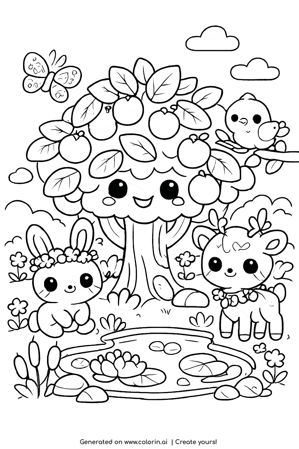 children's bible coloring pages, happy garden of Eden with a smiling tree, bunny, deer, bird, and a lily pond