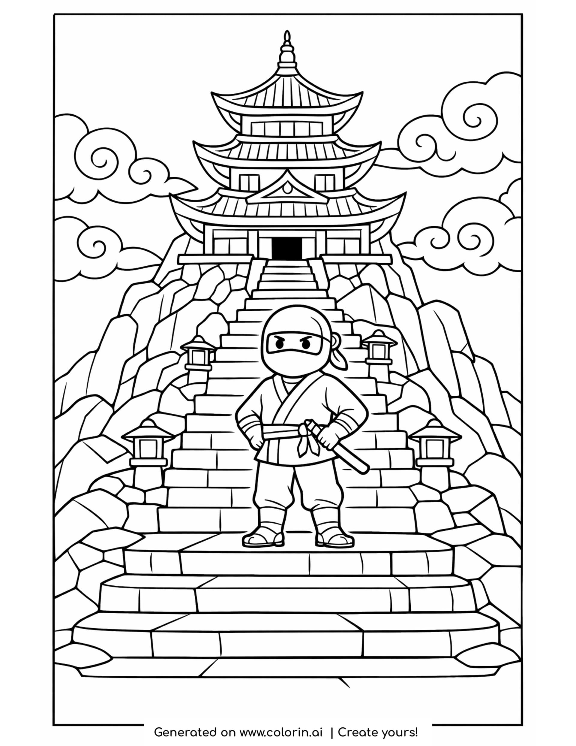 japanese temple coloring pages - tiered pagoda above a long stone staircase with stone lanterns and a ninja