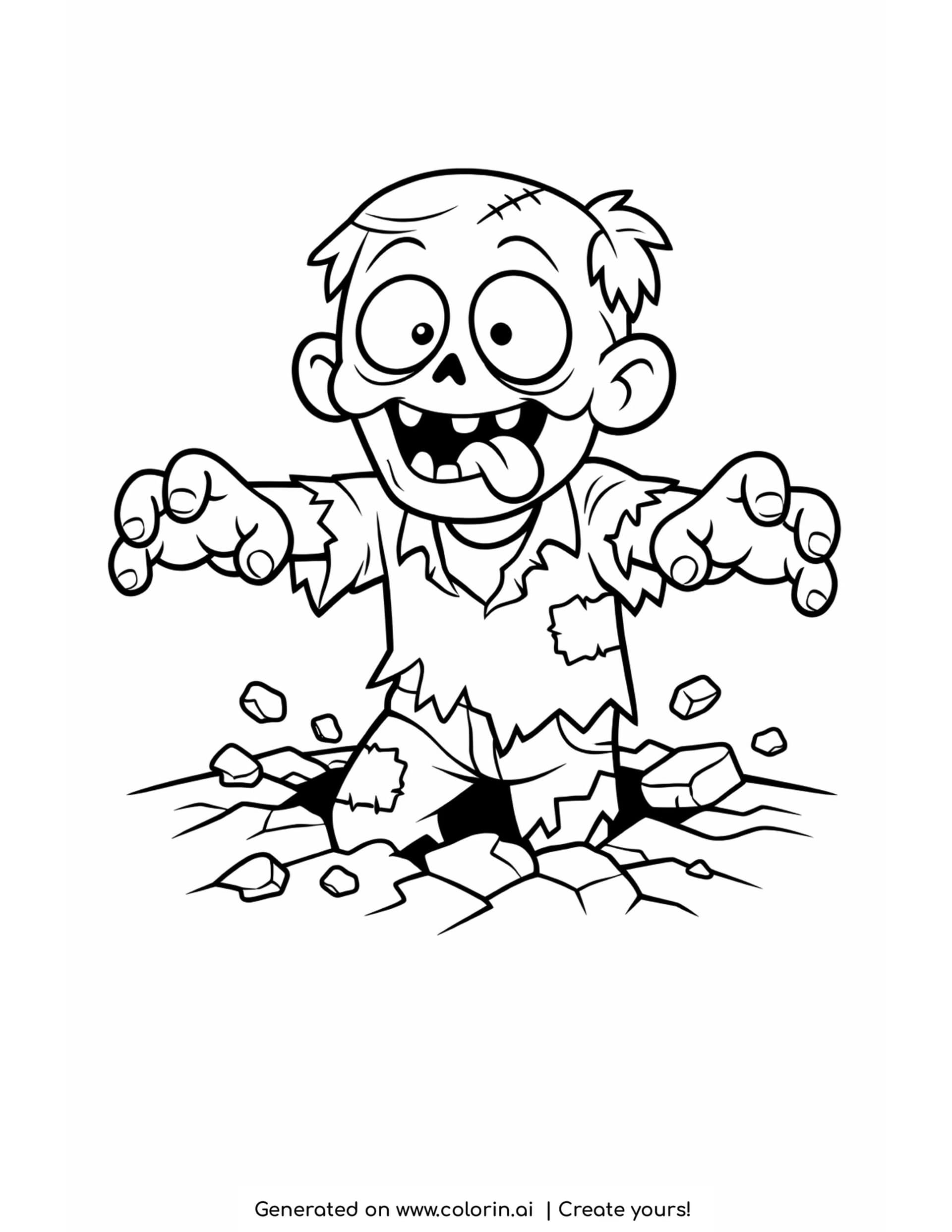 zombie coloring pages, a goofy cartoon zombie rising from cracked soil with tattered clothes