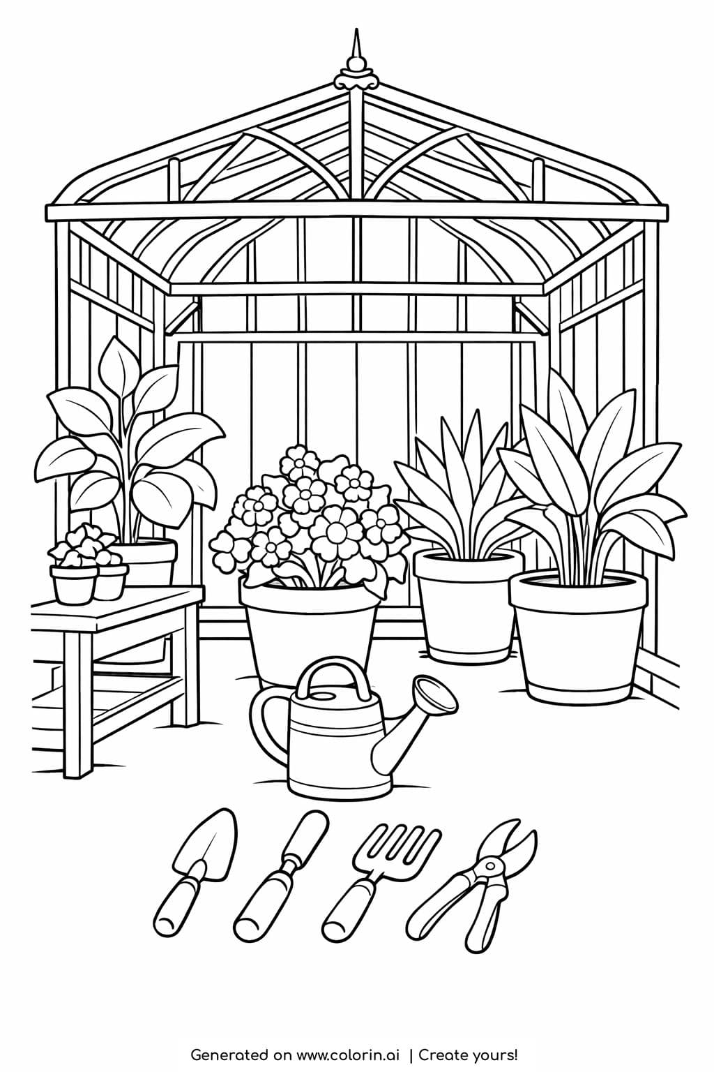 vintage greenhouse with potted plants coloring page inside glass structure with tools