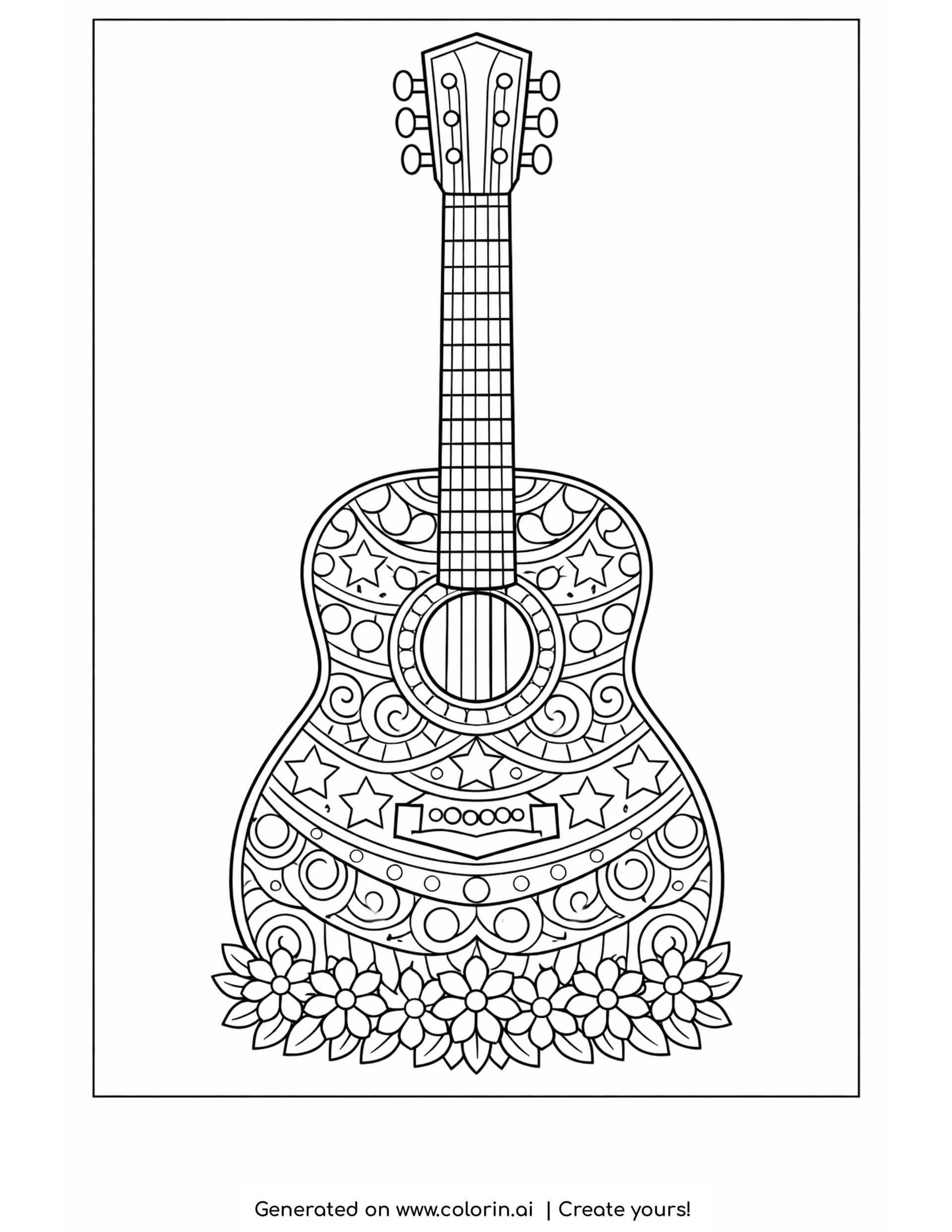 patterned guitar coloring pages - an acoustic guitar filled with arching bands of swirls, circles and stars with a row of flowers across the foot