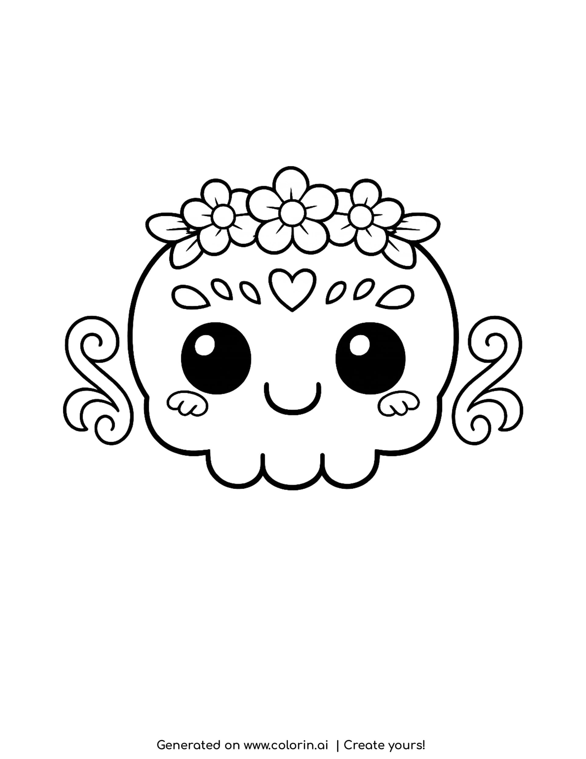 cute day of the dead skull coloring pages, round smiling skull with a crown of five flowers and a heart on the forehead