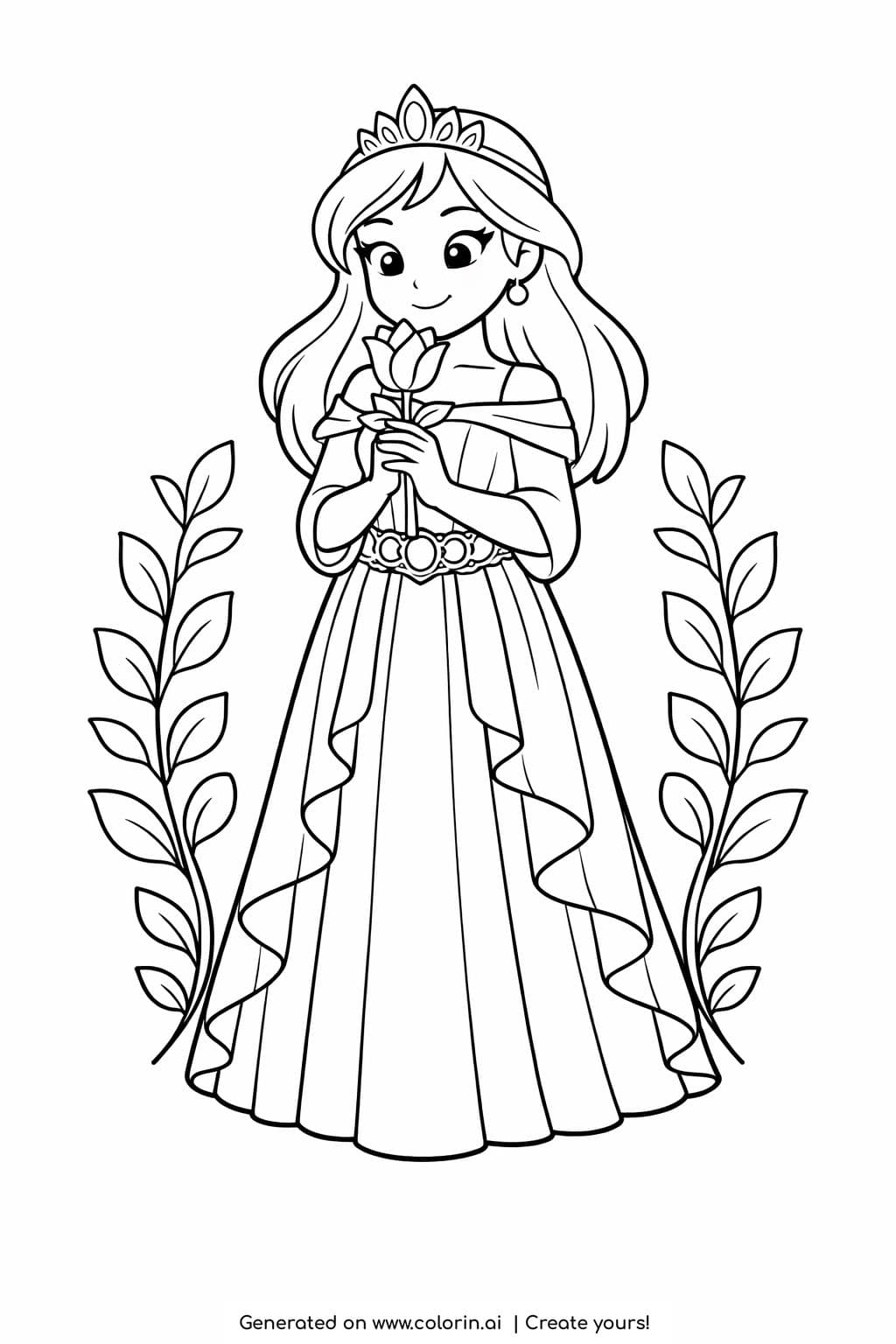 princess holding a flower coloring page with long dress and floral branches coloring page