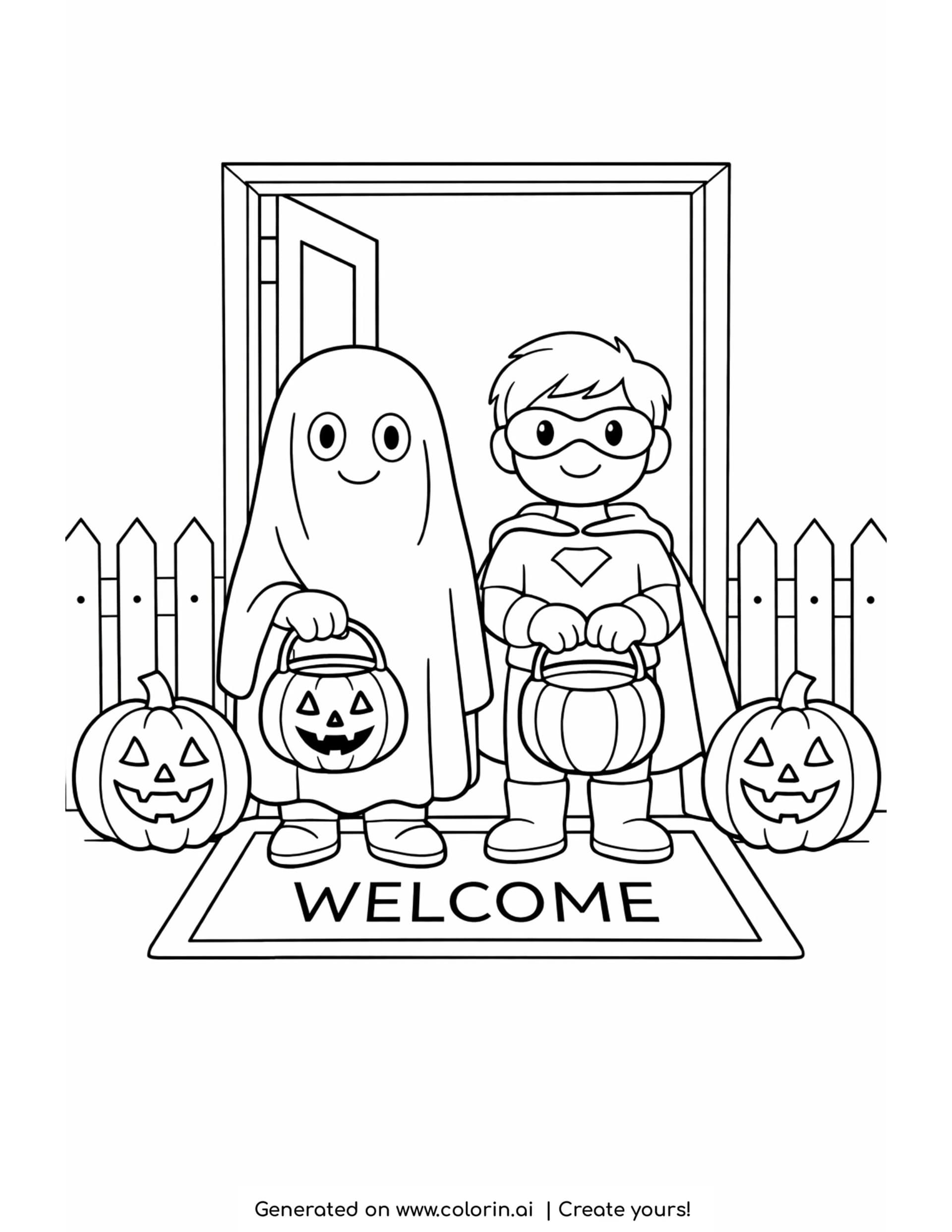 trick or treat coloring pages, two costumed kids with candy buckets at a doorway with a welcome mat and pumpkins