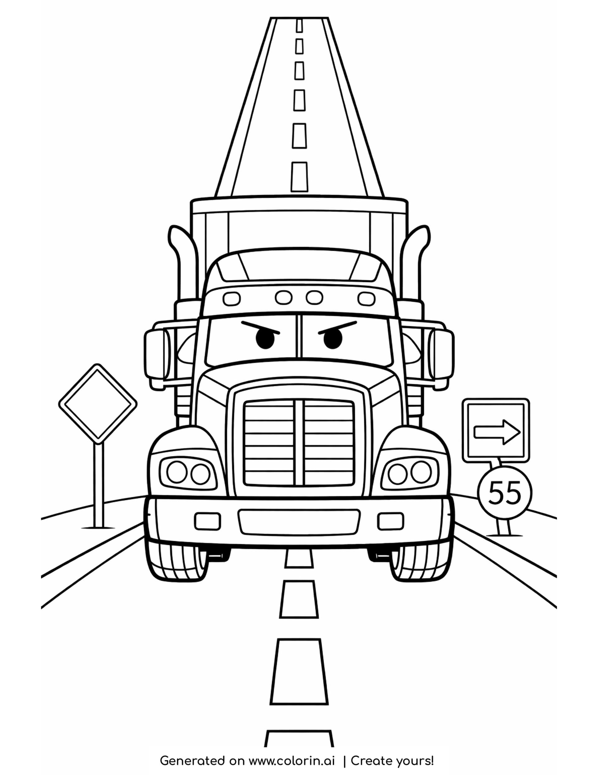 semi truck coloring pages, a large semi truck coming toward the viewer with the highway center line running away up the page
