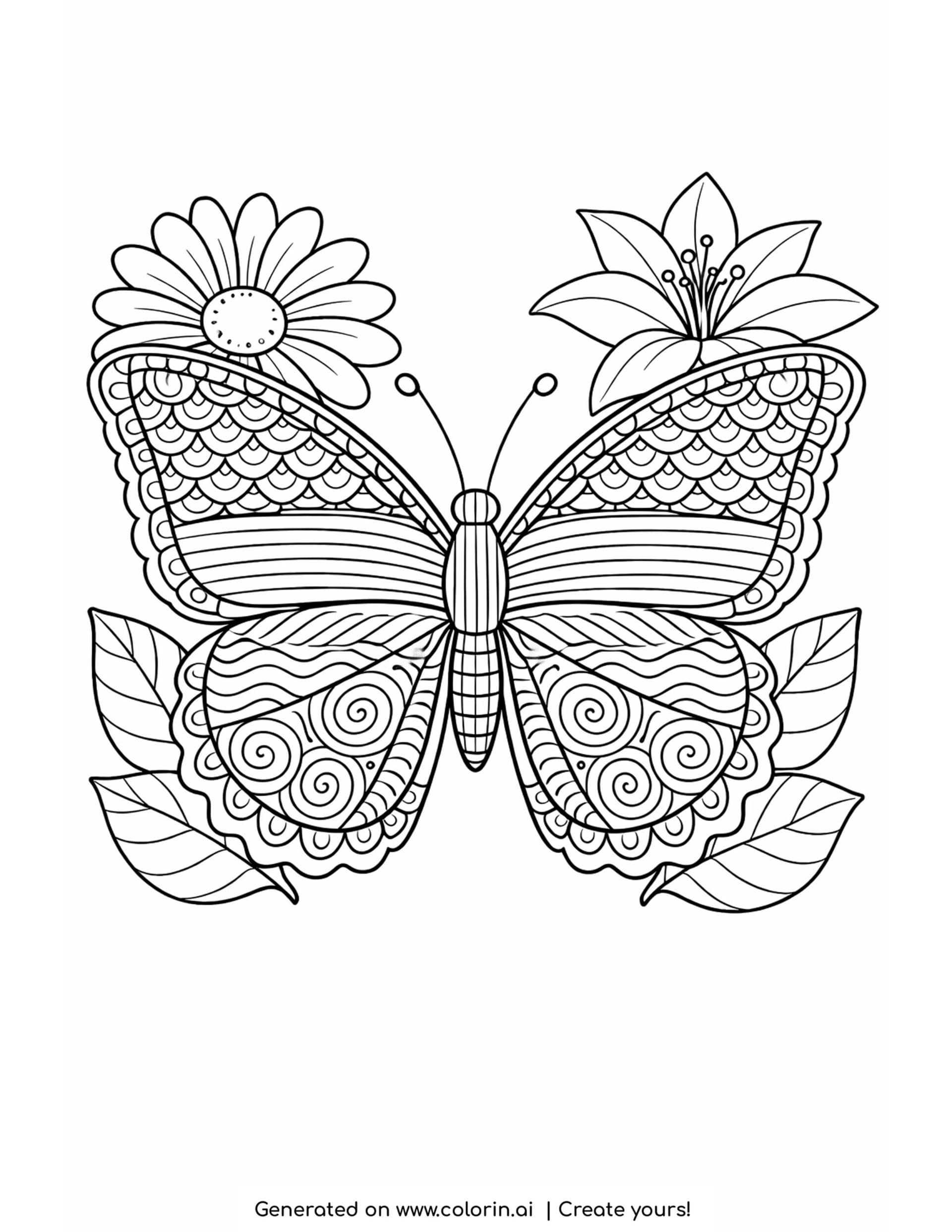 butterfly with flowers and leaves coloring page with patterned wings and floral elements