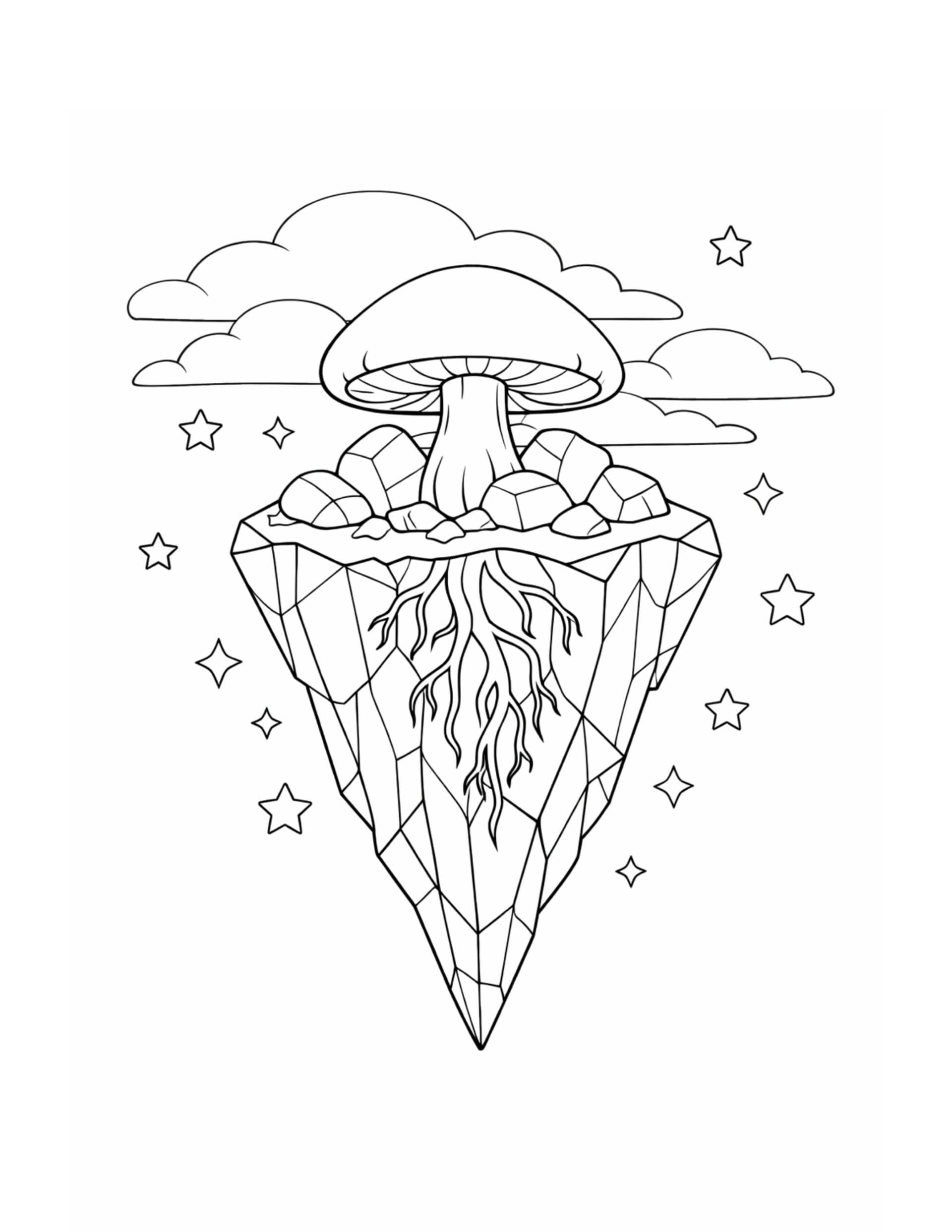 mushroom on floating crystal island coloring page with a floating faceted rock, hanging roots, stars, and clouds coloring page