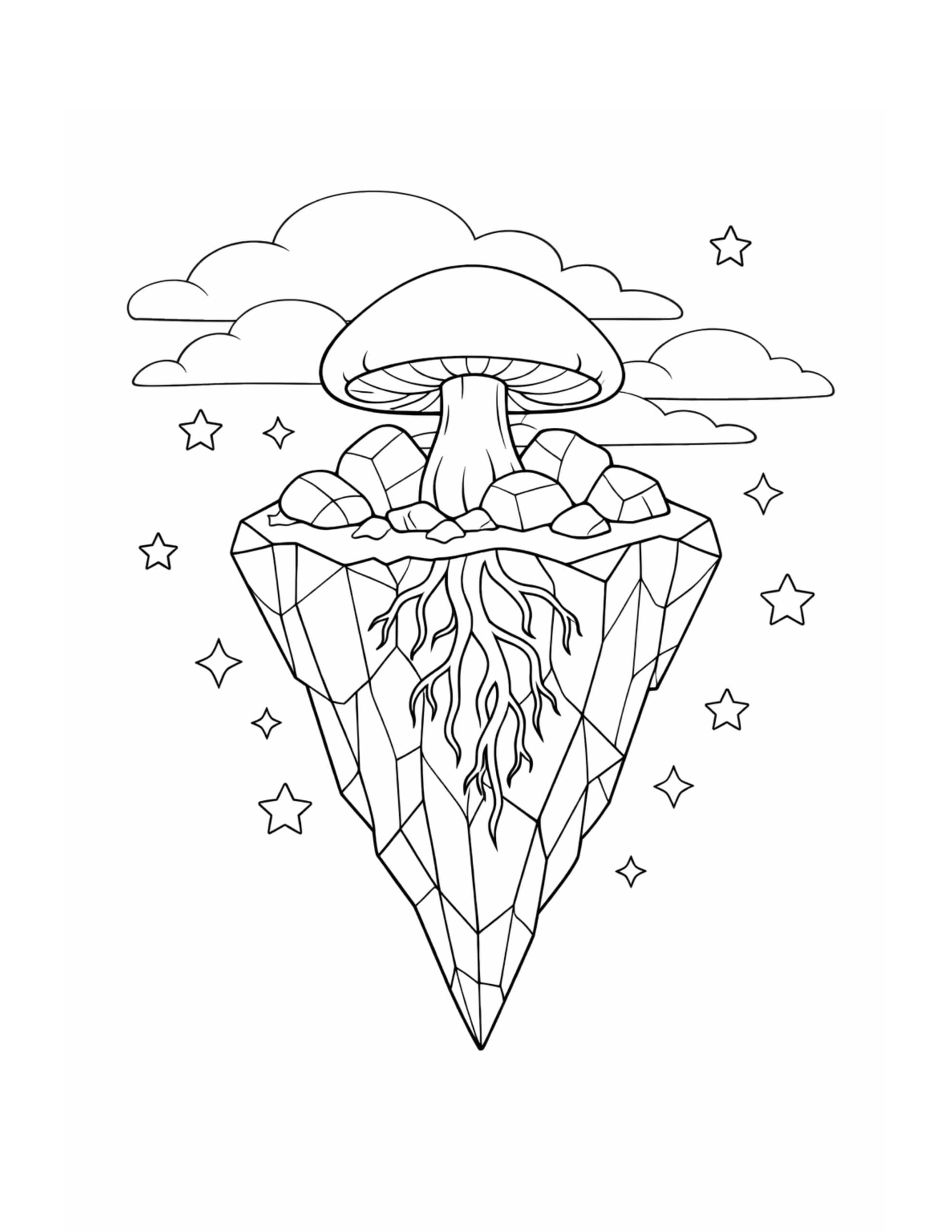 mushroom on floating crystal island coloring page with a floating faceted rock, hanging roots, stars, and clouds coloring page