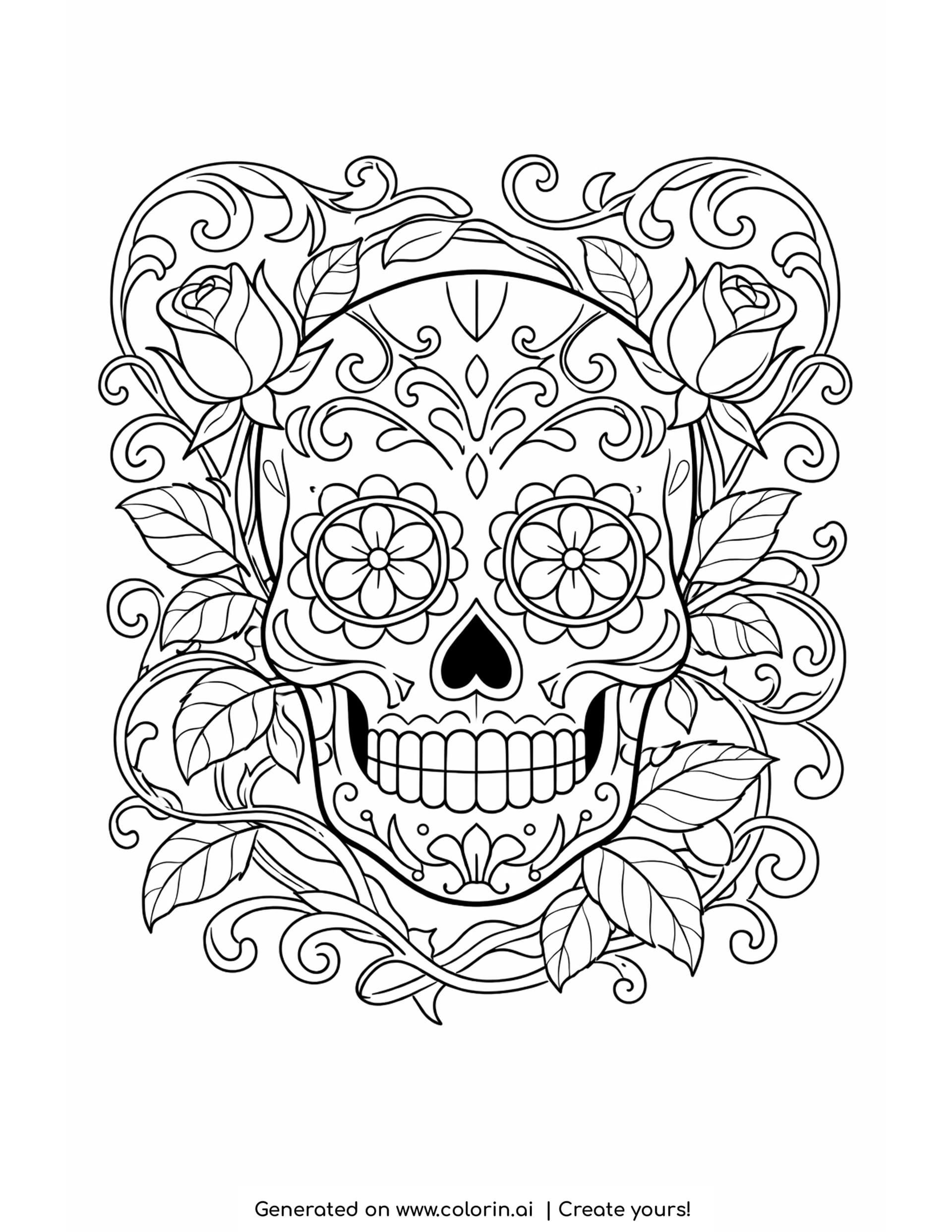 sugar skull with vines coloring pages, calavera wrapped in trailing vines, leaves and rosebuds with scrolling corners