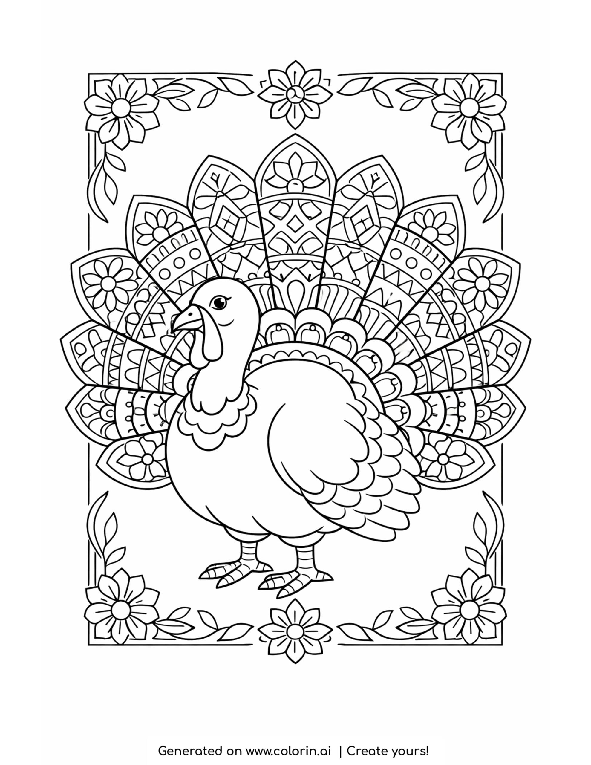 thanksgiving adult coloring pages, a turkey with fanned tail feathers forming a symmetrical mandala of patterns