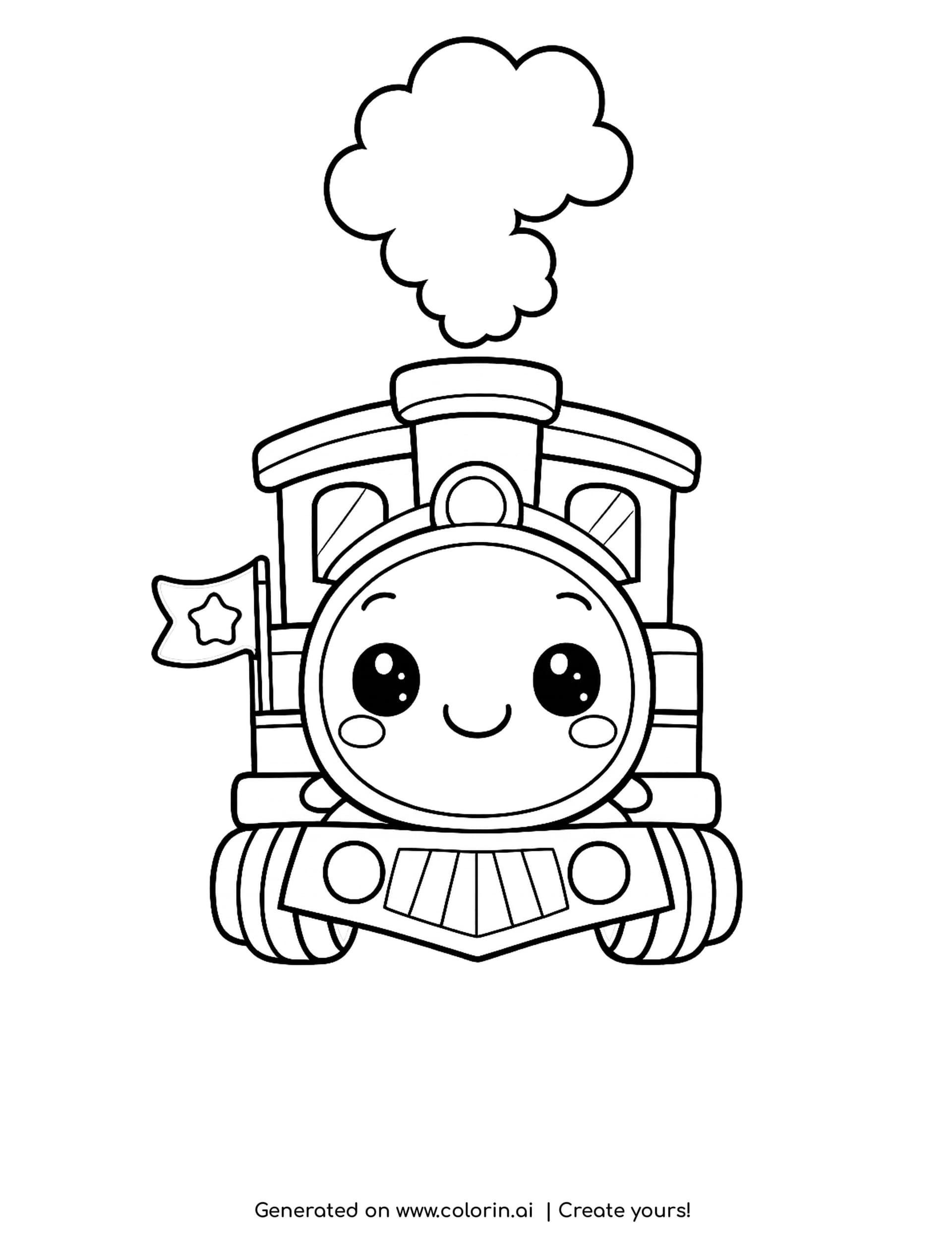 train coloring page with a smiling engine seen head on, a star flag and a cloud of smoke