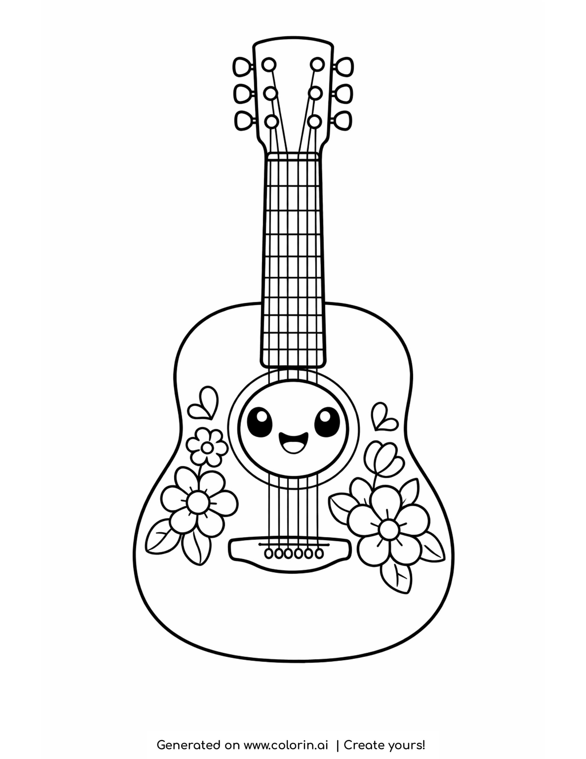guitar coloring pages - cute acoustic guitar with a smiling sound hole and two flowers on the body