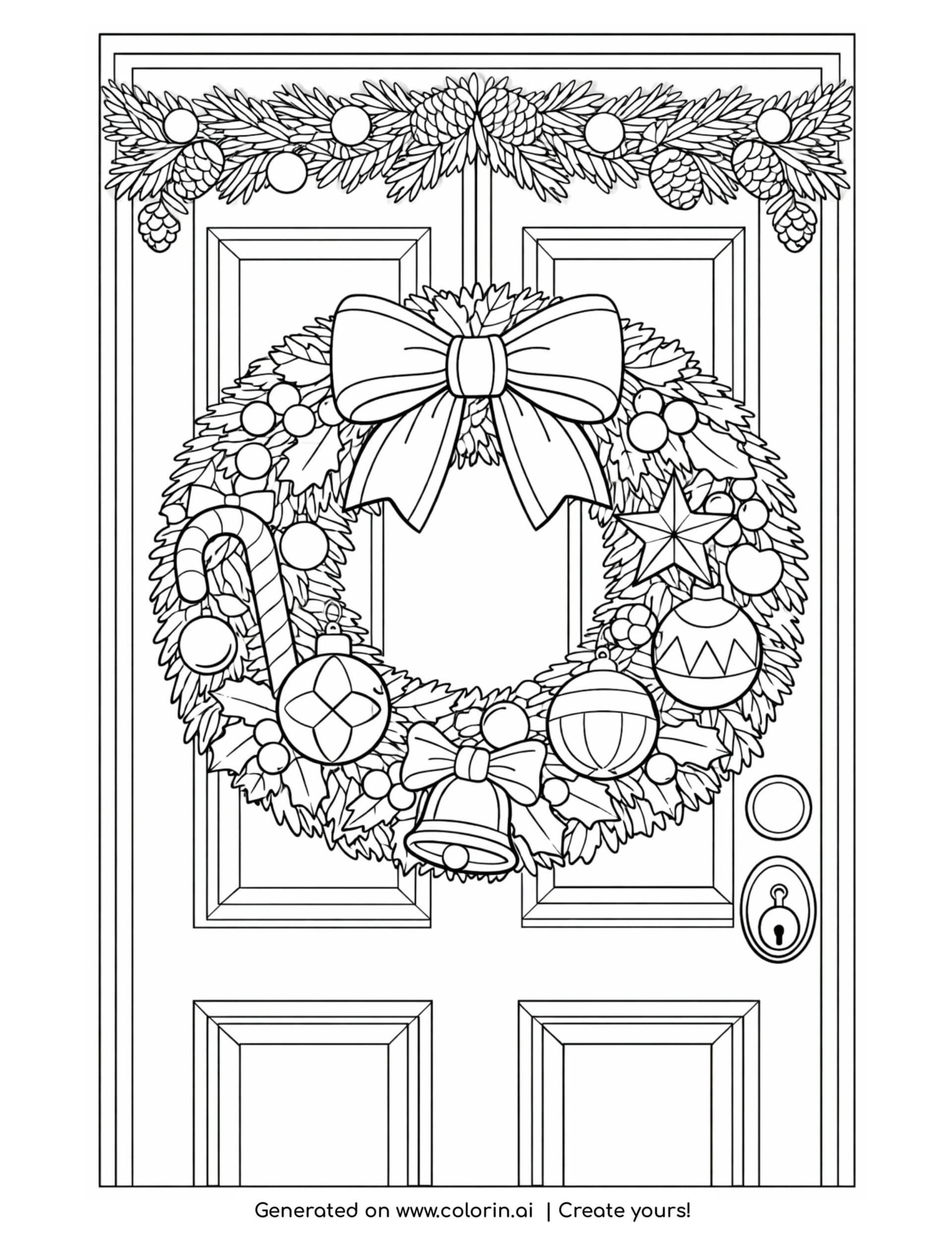 christmas coloring pages for adults, a detailed wreath and garland on a paneled door with ornaments and a candy cane