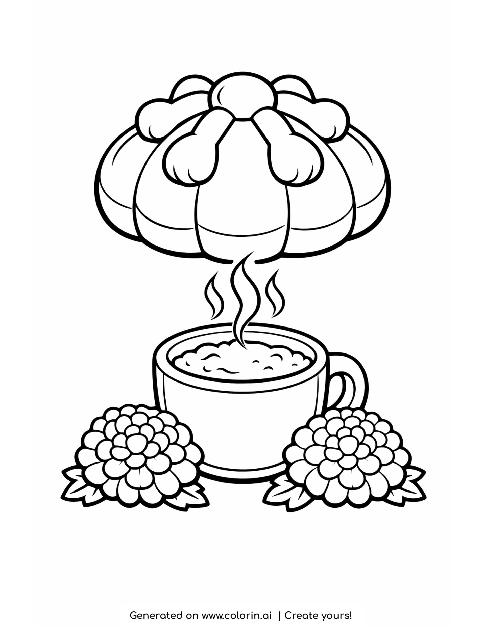 pan de muerto coloring pages, round loaf with bone strips on top above a steaming cup of cocoa with marigolds