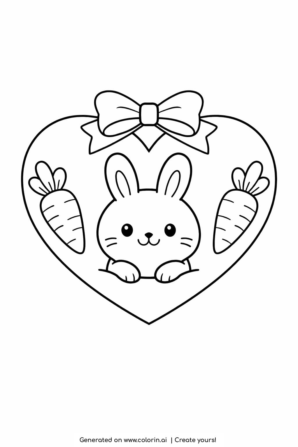 bunny inside heart with carrots coloring page featuring smiling rabbit and bow coloring page