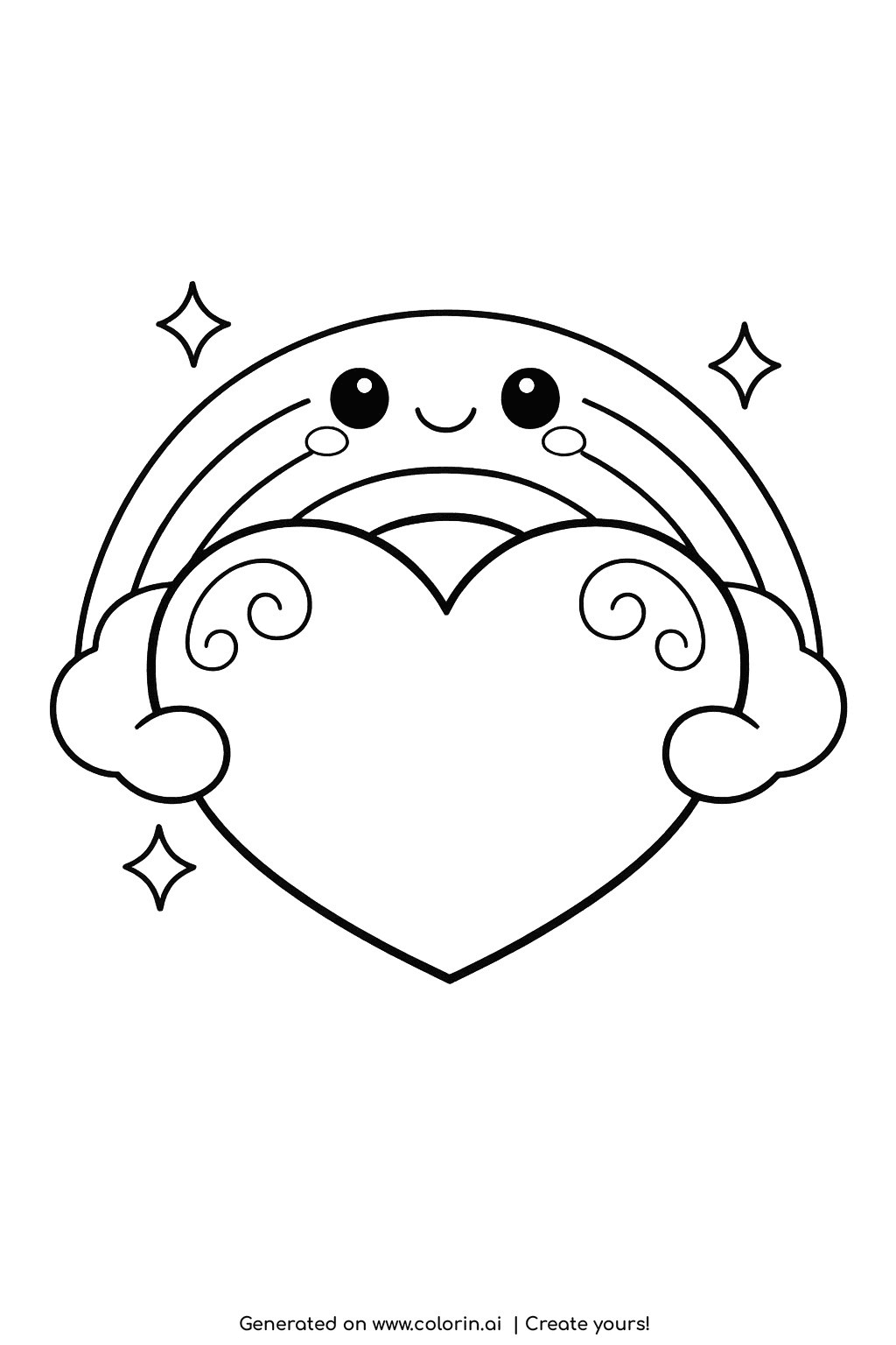 rainbow coloring pages for kids, a smiling rainbow wrapping both arcs around a large round heart held in the middle, with small sparkles nearby