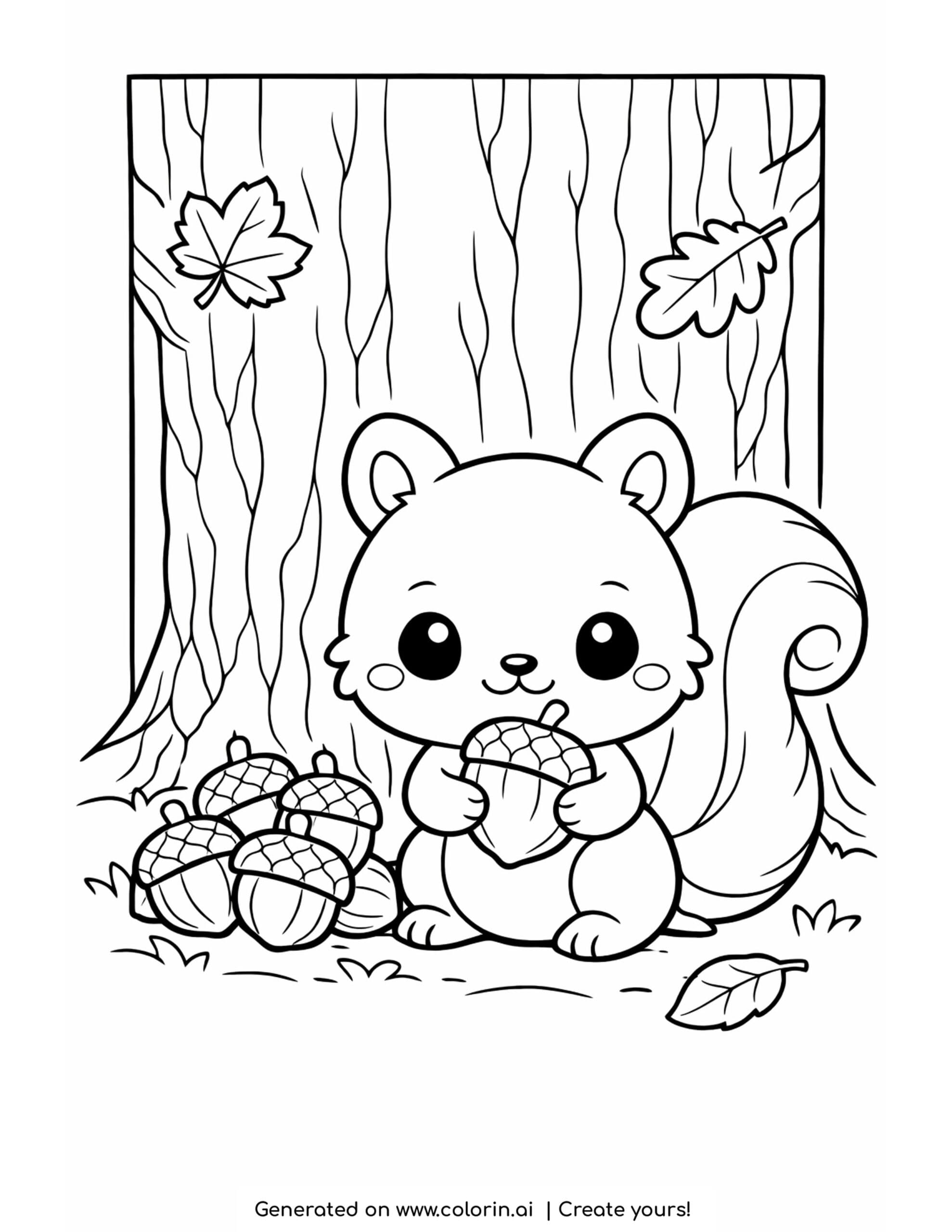 thanksgiving coloring pages for kids, a bushy tailed squirrel holding an acorn with a small pile beside a tree trunk