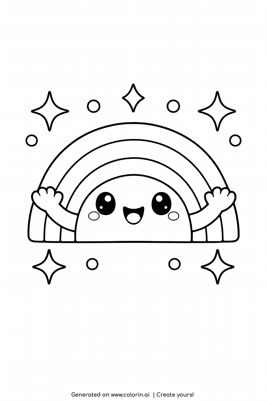 cute rainbow coloring pages, a cheerful rainbow with little waving arms, a big smile, and sparkles and dots all around