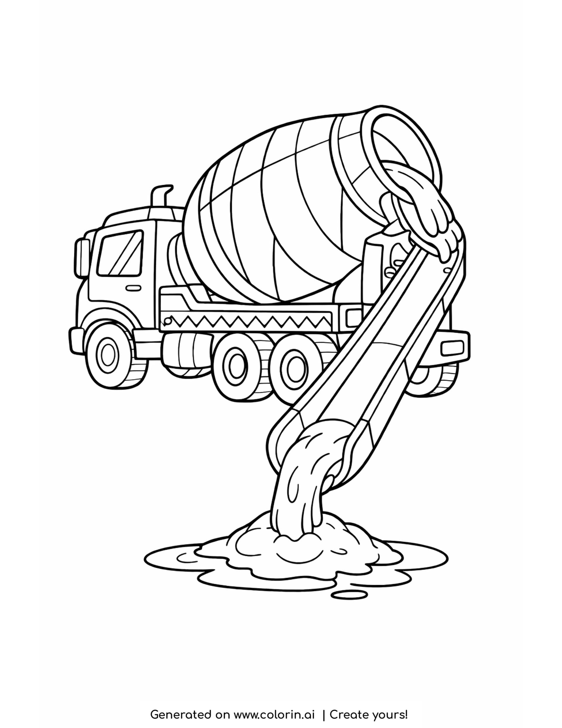cement mixer pouring coloring pages, a cement mixer truck with its drum tilted high pouring concrete down a long chute