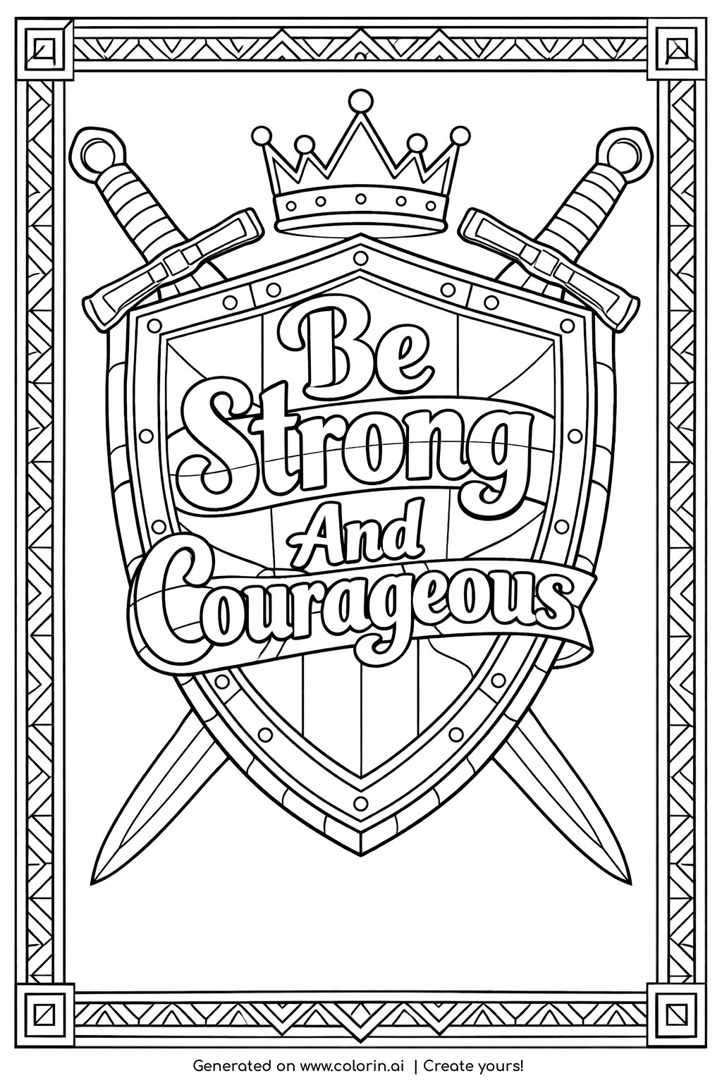 encouraging bible verse coloring pages, Be Strong and Courageous on a shield with crossed swords and a crown