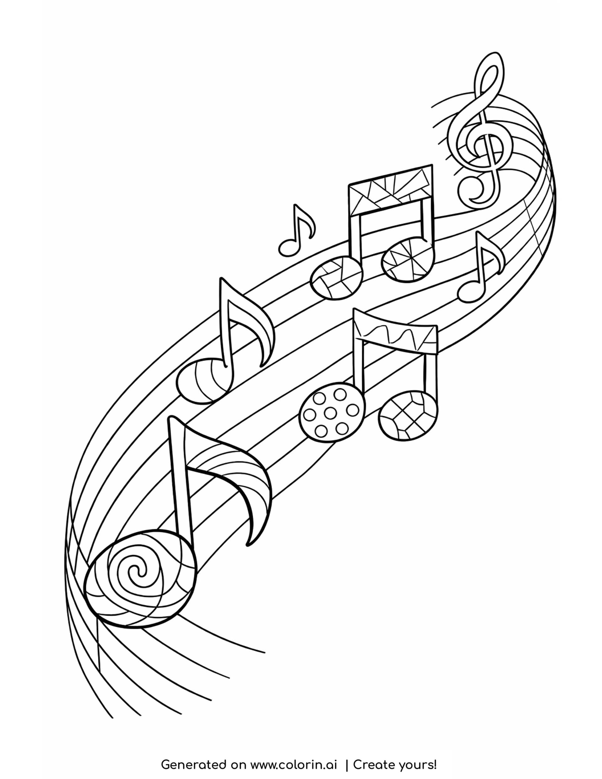 patterned music notes coloring pages - seven notes riding a curving five line staff, each note head filled with its own pattern, with a large treble clef