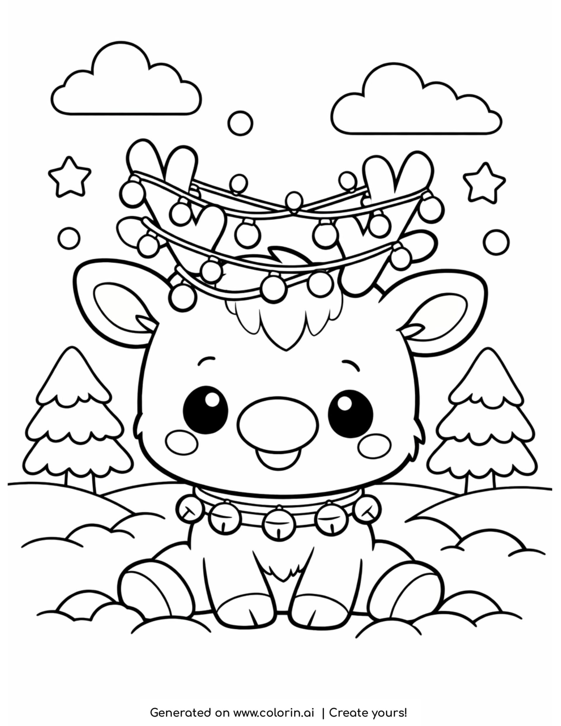 cute christmas coloring pages, a baby reindeer with a glowing nose and light wrapped antlers