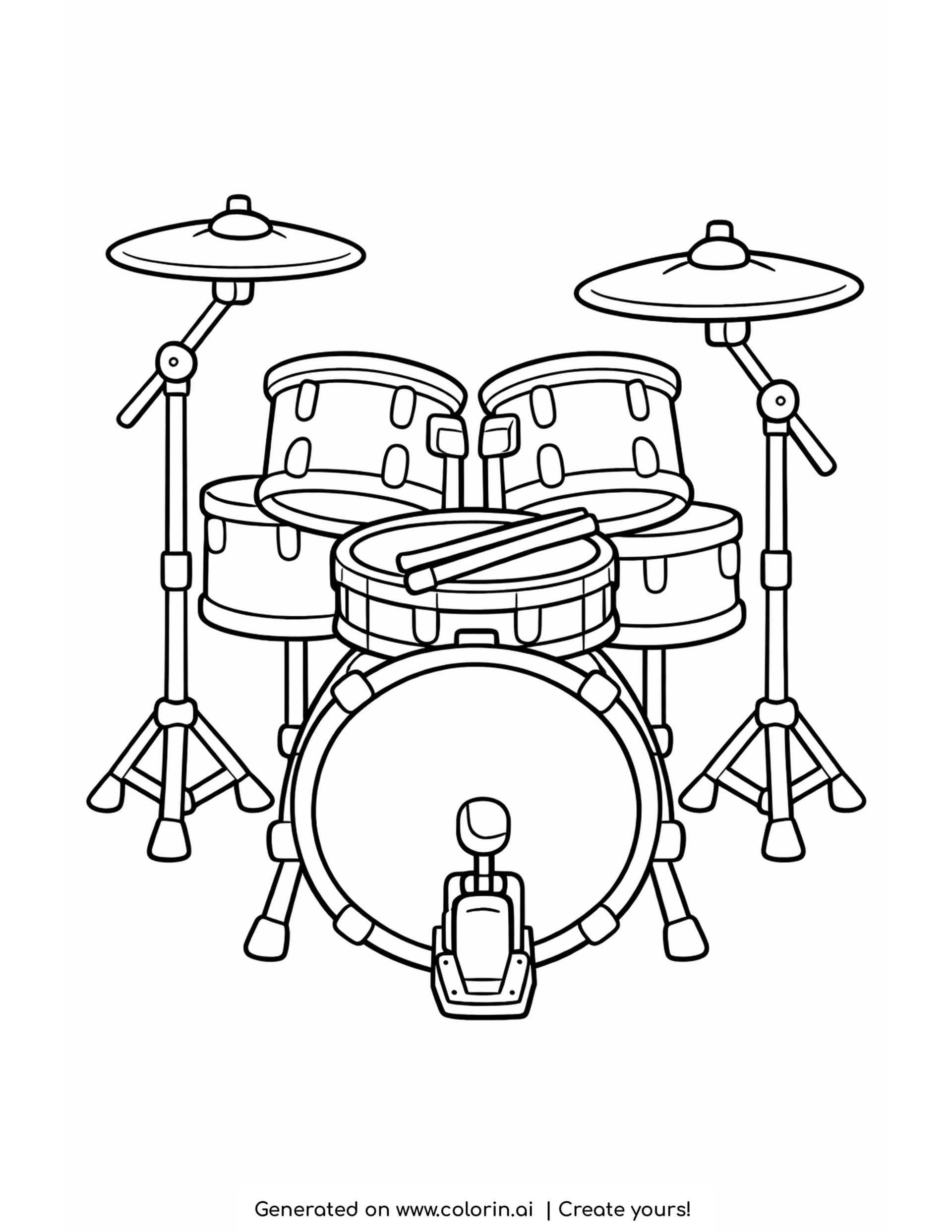 drum set with cymbals coloring pages - full kit with bass drum, snare, four toms and two cymbals on stands