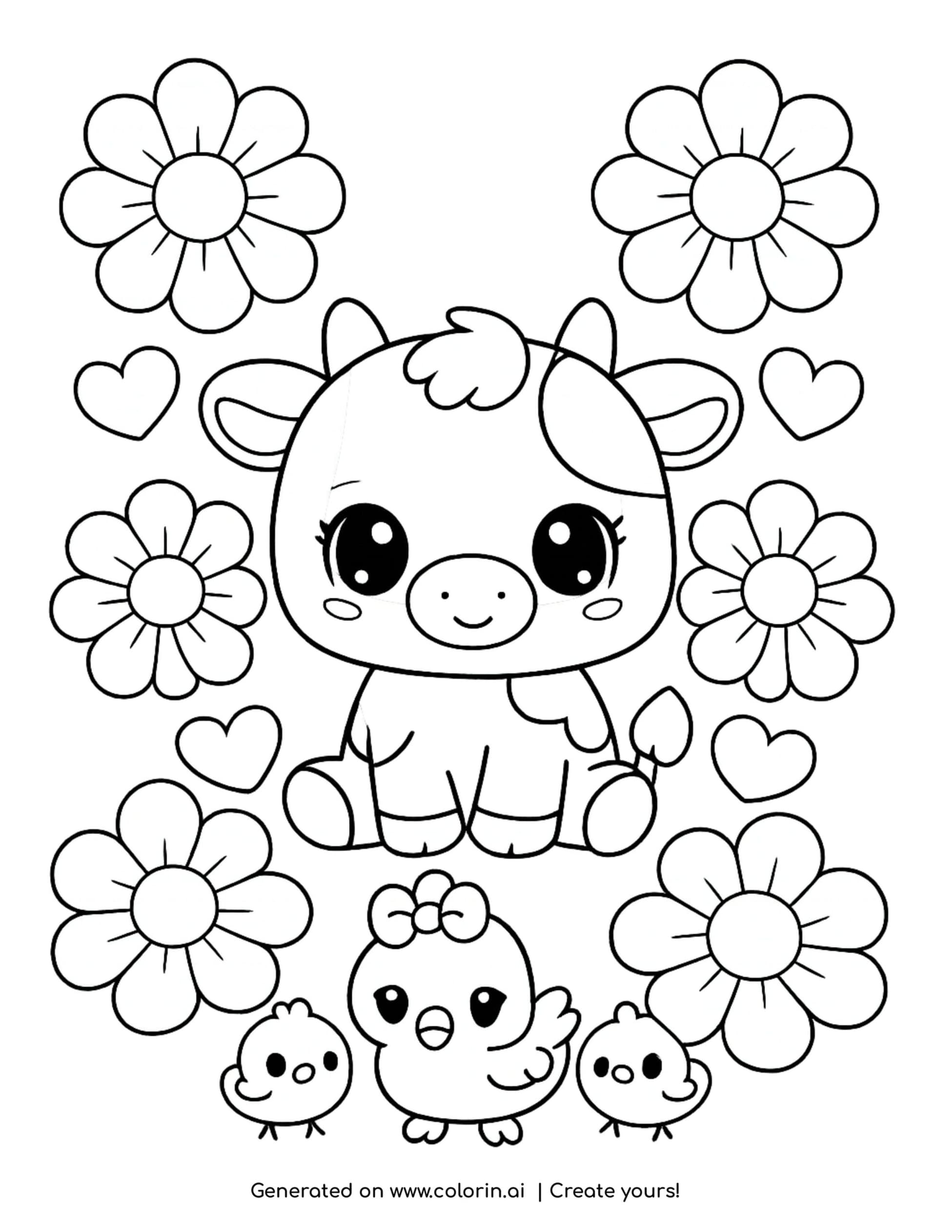 cute cow with flowers and hearts coloring page with chick and small birds