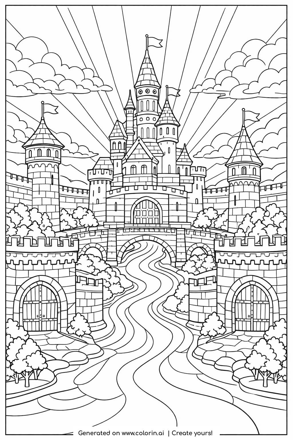 bible coloring pages for adults, the New Jerusalem walled city of towers with a winding path to the gates