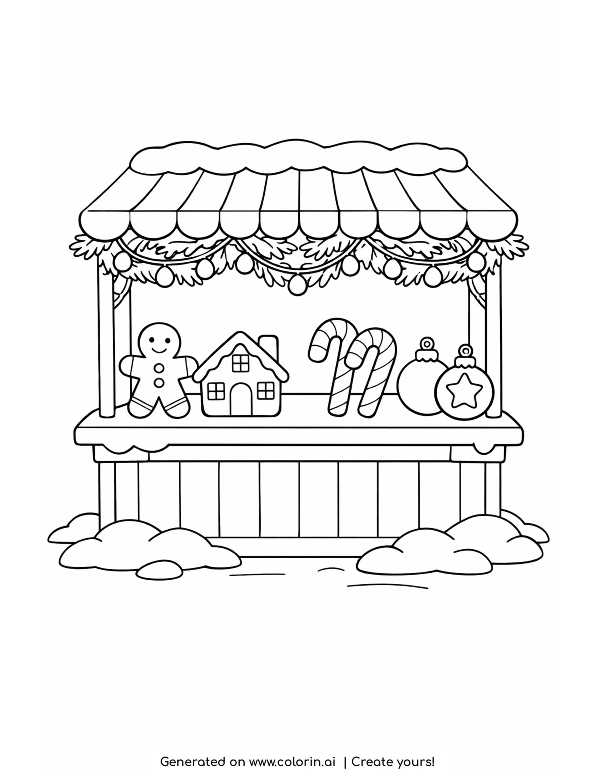 christmas coloring pages printable, a Christmas market stall with gingerbread treats, candy canes, and ornaments under a snowy awning