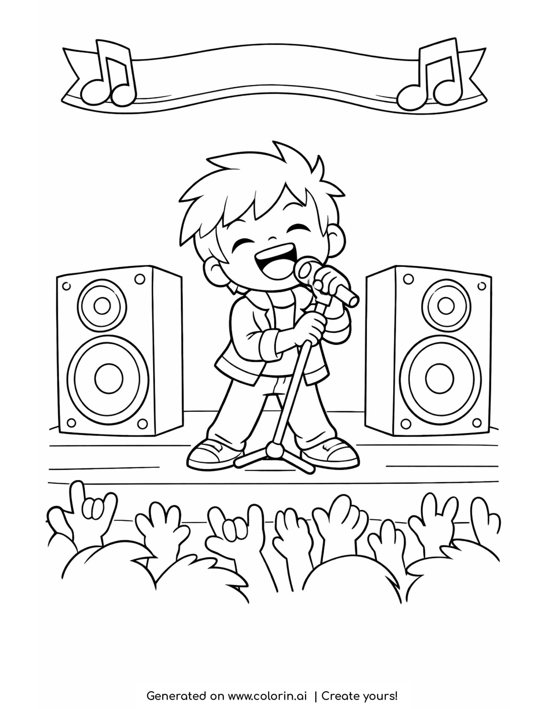 music coloring pages - a singer at a microphone on a concert stage with speakers and a crowd of raised hands