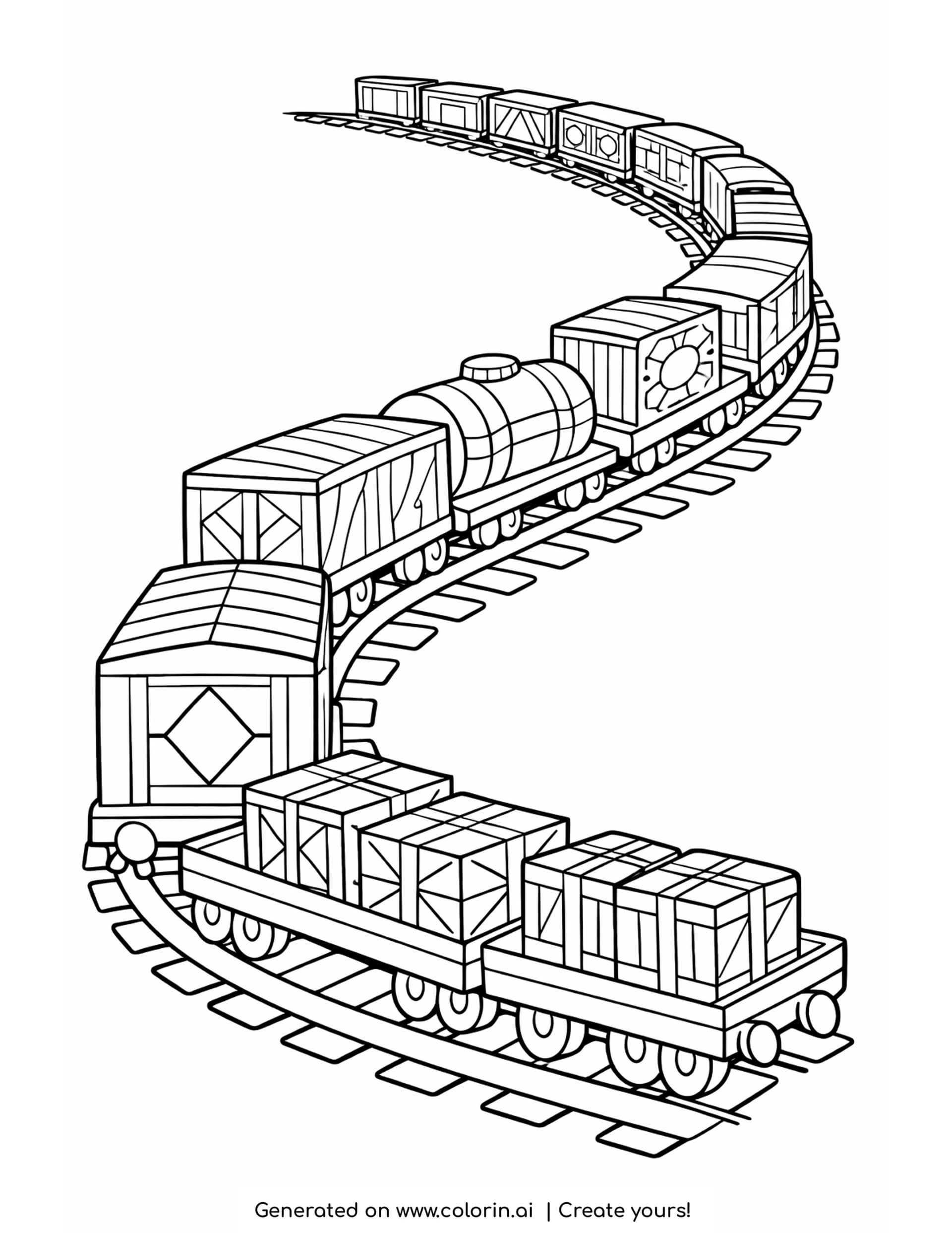 freight train cars coloring pages: a long freight train of crates, boxcars and a tanker curving up the page